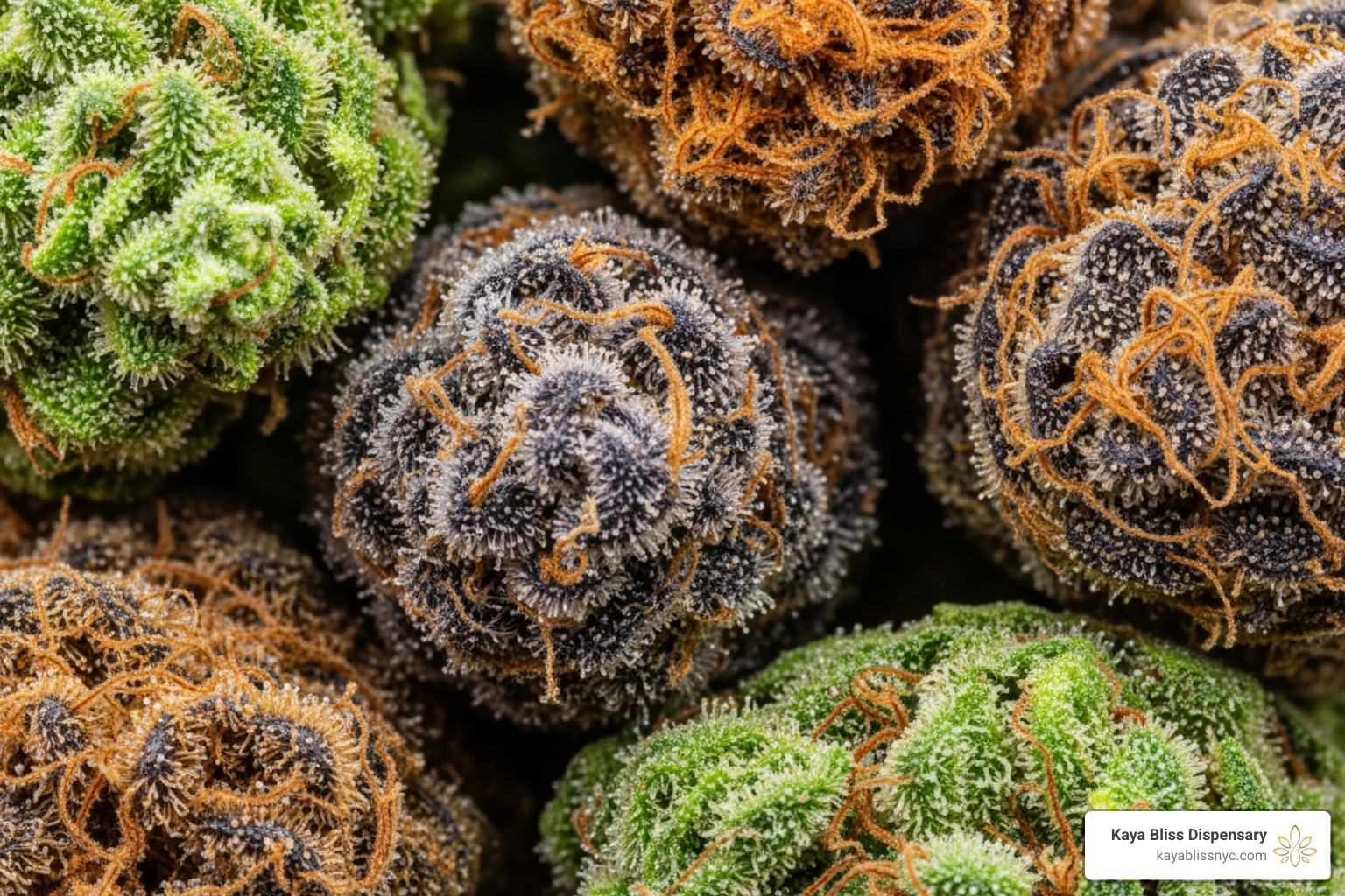 diverse cannabis buds showing different colors and trichome coverage - auto flower cannabis seed strains