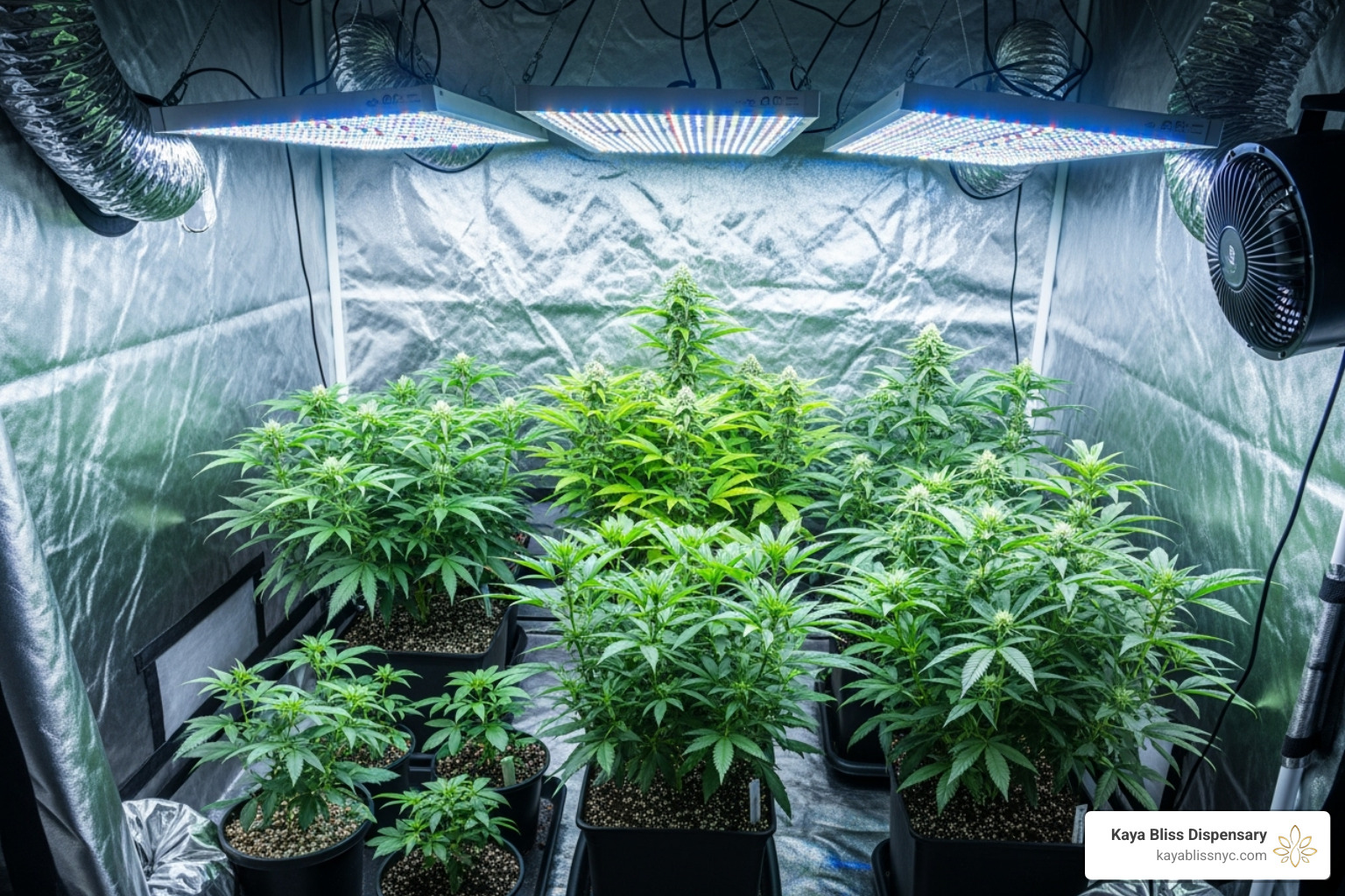 indoor grow setup with LED lights and autoflower plants - auto flower cannabis seed strains