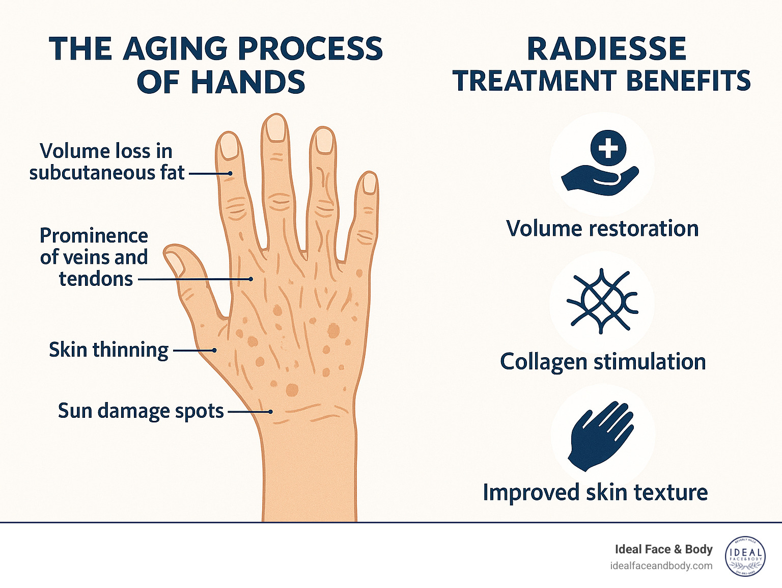 Infographic showing the aging process of hands including volume loss in subcutaneous fat, prominence of veins and tendons, skin thinning, sun damage spots, and wrinkle formation, alongside Radiesse treatment benefits of volume restoration, collagen stimulation, and improved skin texture - radiesse hands rejuvenation infographic 