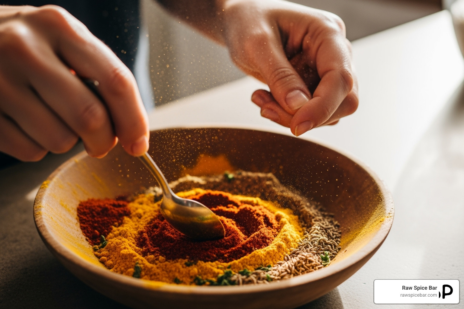 someone mixing different ground spices in a small bowl - cardamom substitute in curry