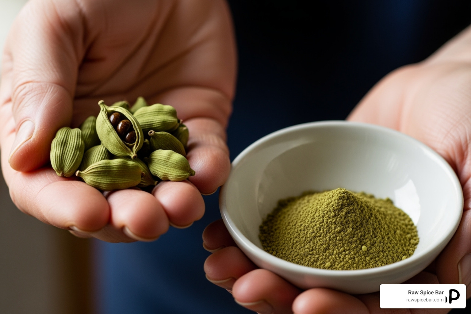 whole cardamom pods in one hand and ground cardamom in the other - cardamom substitute in curry