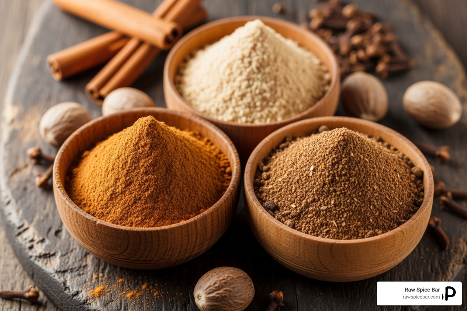 small bowls containing individual ground spices like cinnamon, nutmeg, and cloves - cardamom substitute in curry