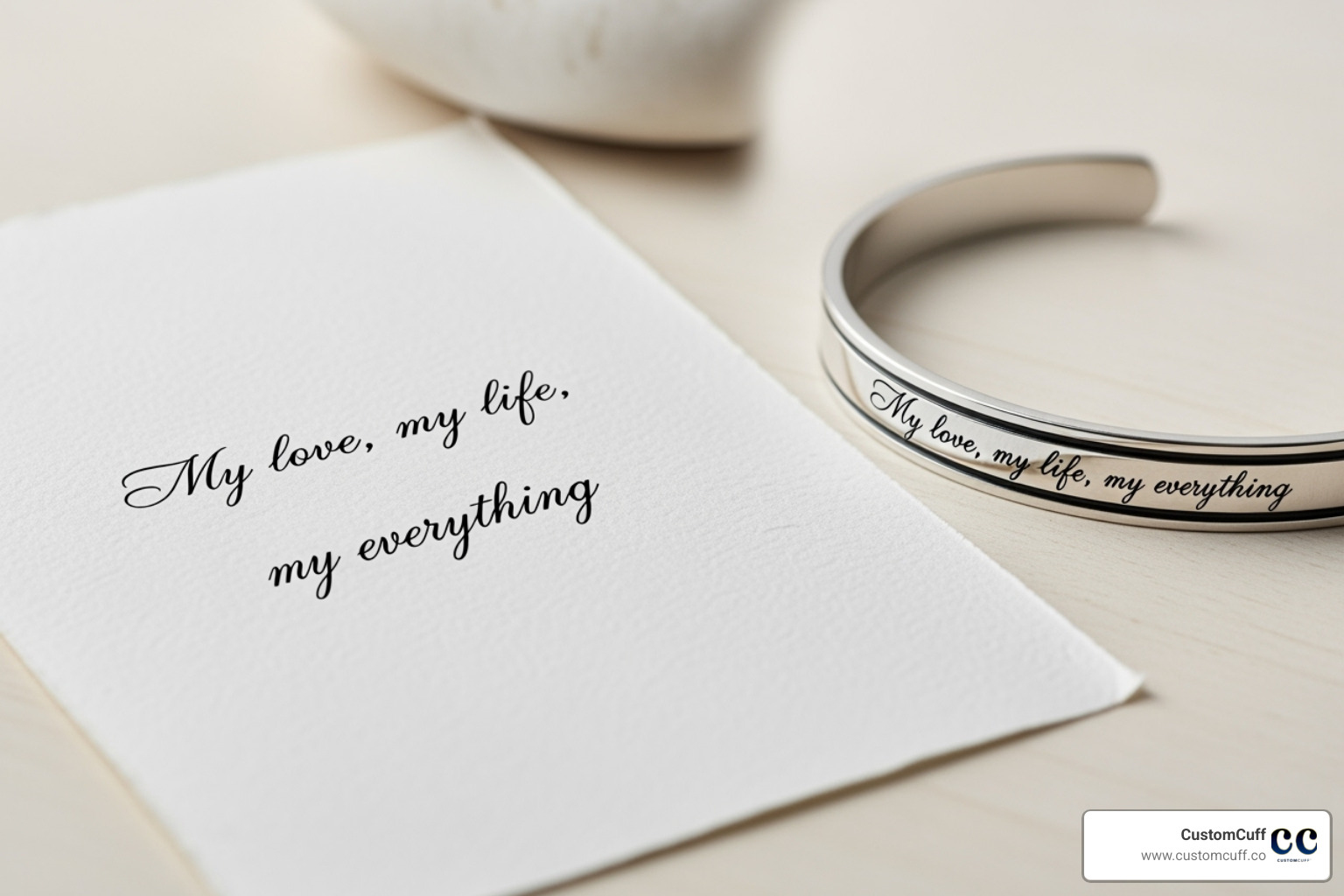 side-by-side of handwritten note and finished engraved bracelet side-by-side of handwritten note and finished engraved bracelet