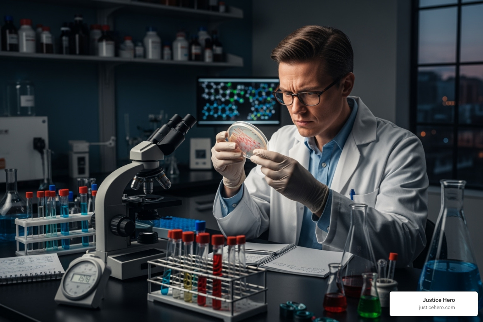 A scientist in a lab coat looking intently at a petri dish - roundup cancer lawsuit