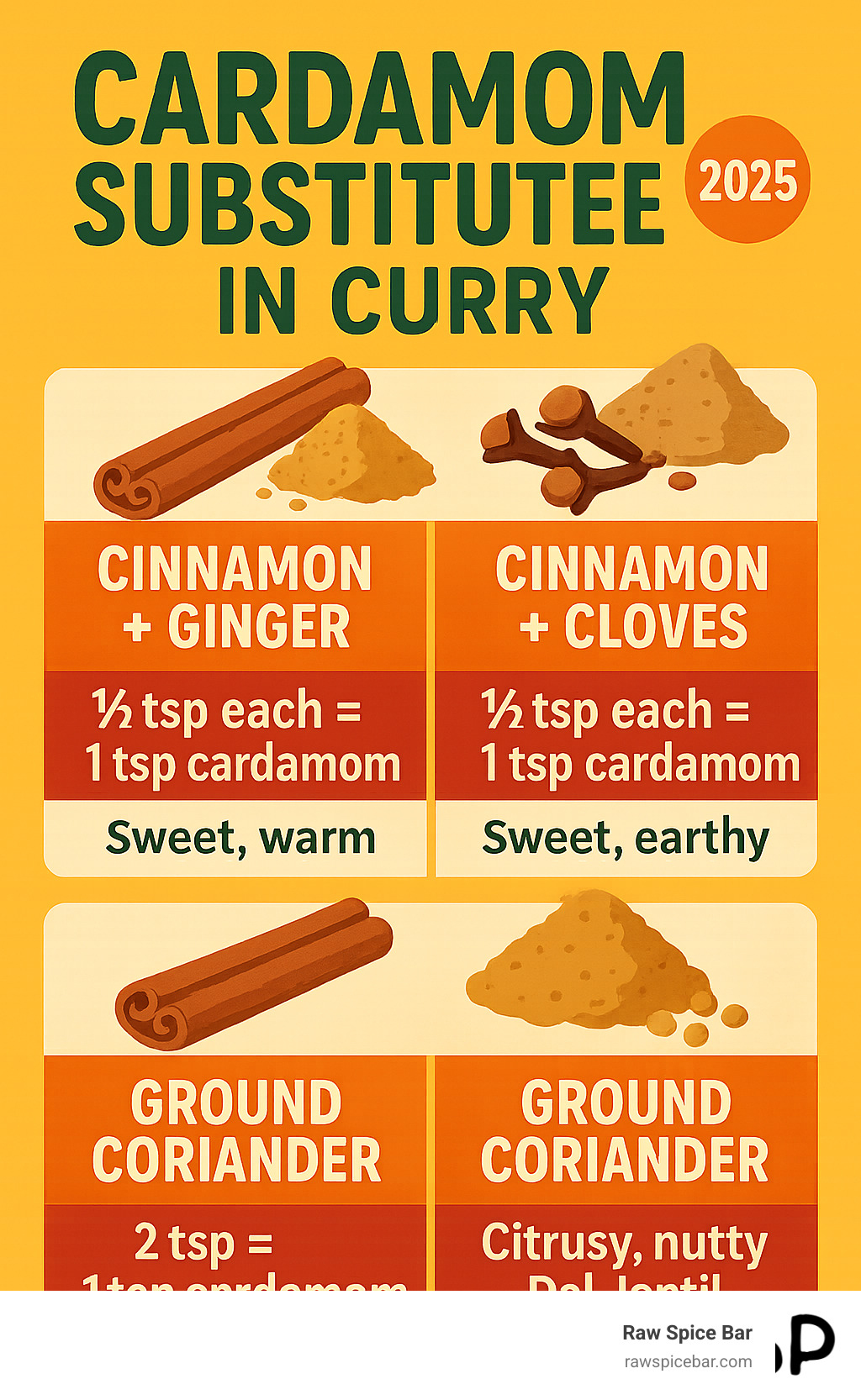 Infographic showing the top 3 cardamom substitutes for curry with their exact replacement ratios, flavor profiles, and best curry types for each substitute - cardamom substitute in curry infographic 