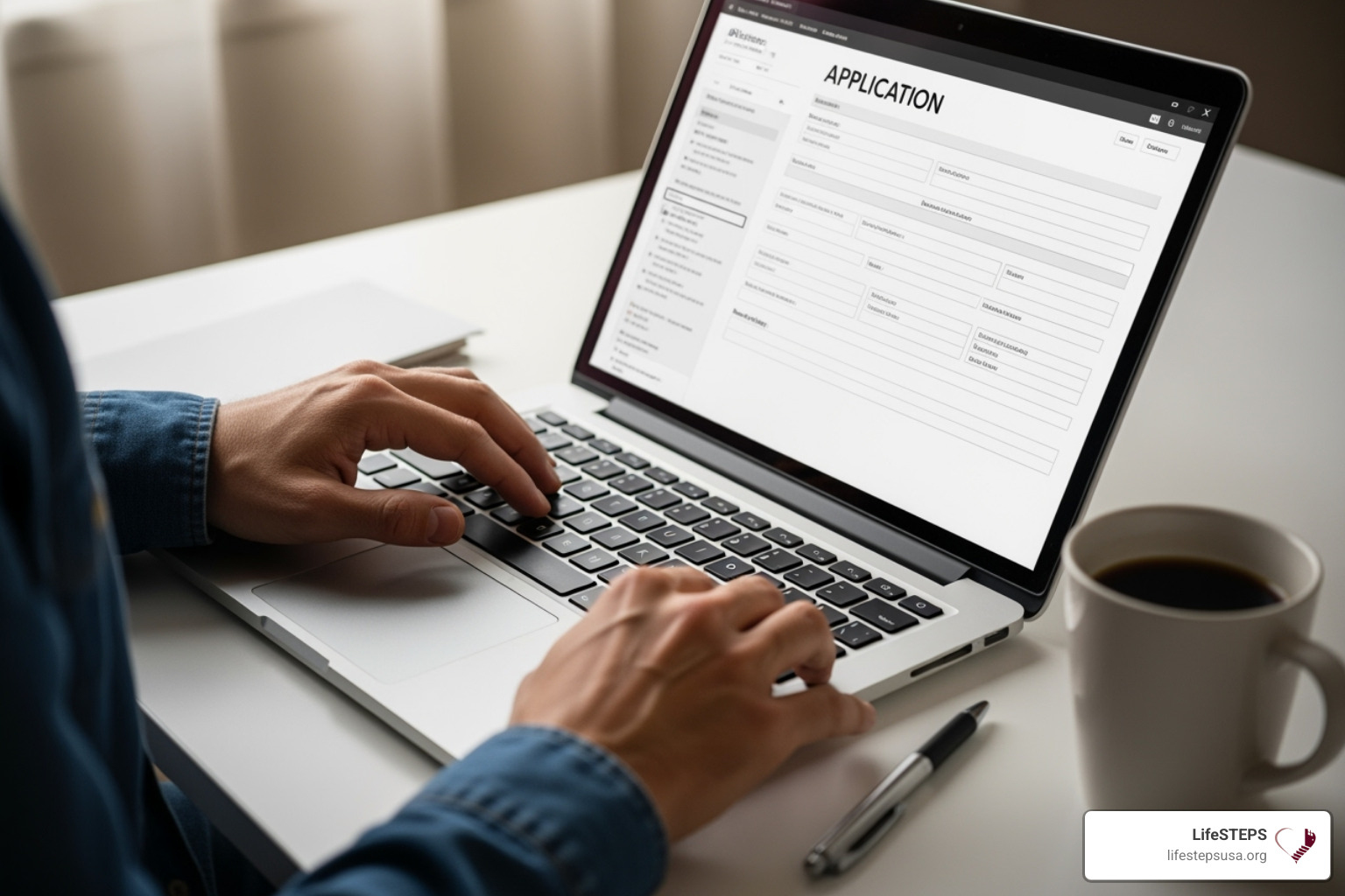 A person filling out an application form on a laptop, with a pen and coffee nearby - long term housing assistance A person filling out an application form on a laptop, with a pen and coffee nearby - long term housing assistance