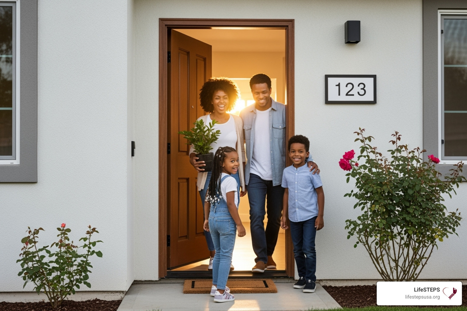 A family happily entering their new home, symbolizing stability and hope - long term housing assistance A family happily entering their new home, symbolizing stability and hope - long term housing assistance
