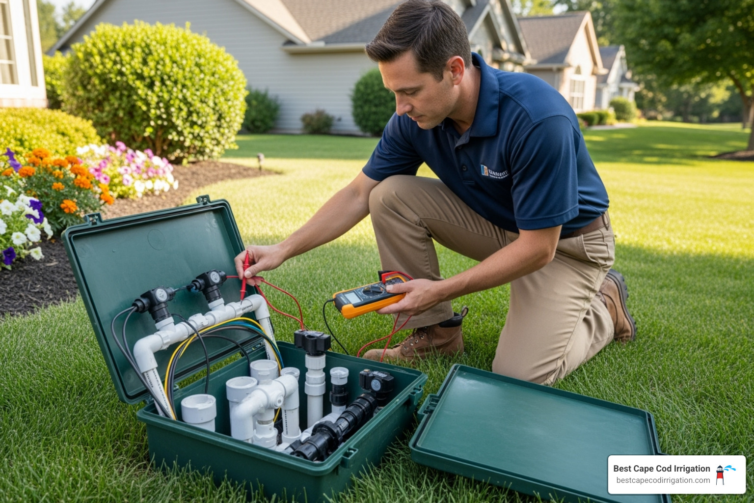 technician inspecting an irrigation valve box - irrigation repair services