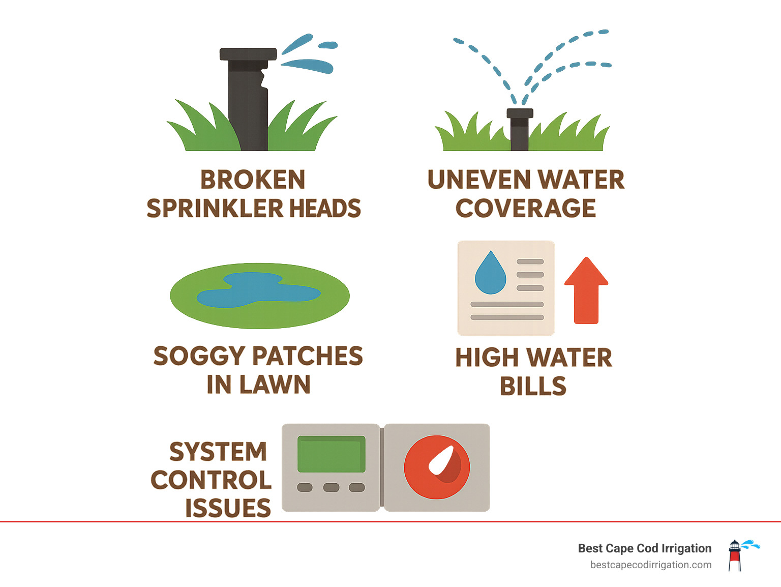 Common signs your irrigation system needs repair including broken sprinkler heads, uneven water coverage, soggy patches in lawn, high water bills, and system control issues - irrigation repair services infographic 