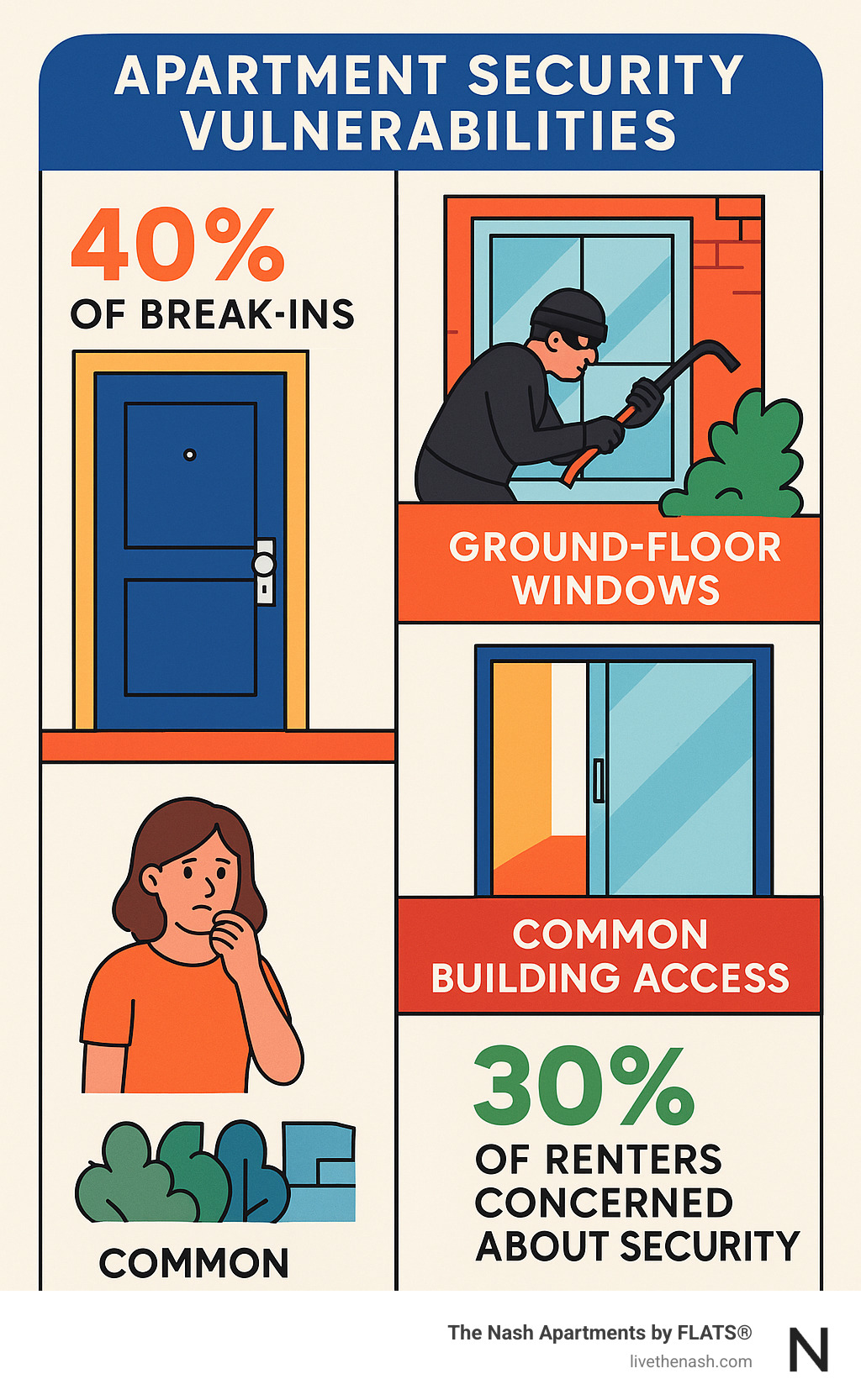 Detailed infographic showing apartment security vulnerabilities including front door entry points (40% of break-ins), ground-floor windows, sliding patio doors, and common building access points, with statistics on renter security concerns - apartments with security system infographic Detailed infographic showing apartment security vulnerabilities including front door entry points (40% of break-ins), ground-floor windows, sliding patio doors, and common building access points, with statistics on renter security concerns - apartments with security system infographic