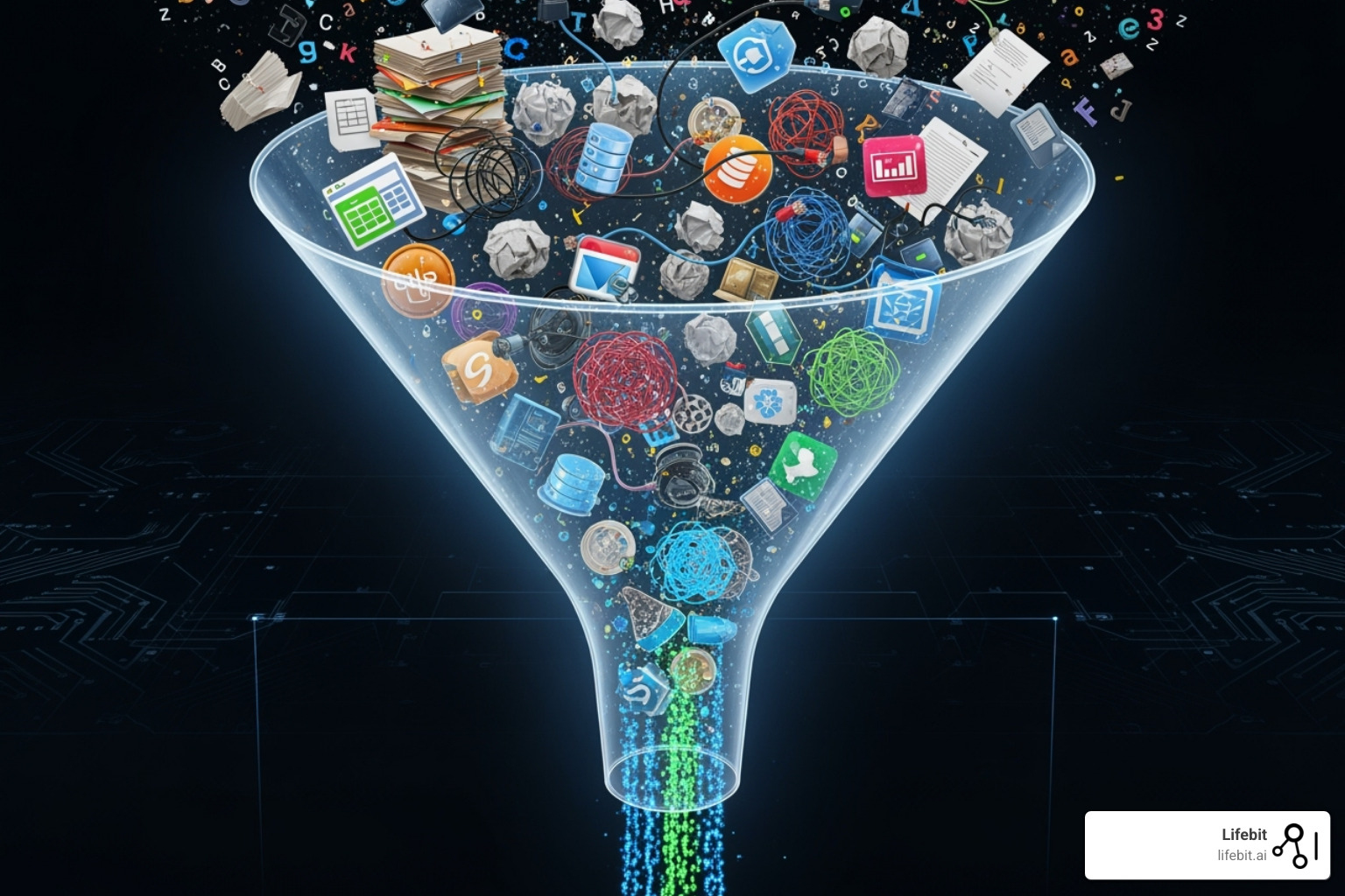 funnel showing messy, disparate data sources being cleaned and standardized into a single, high-quality data stream - healthcare data management platform