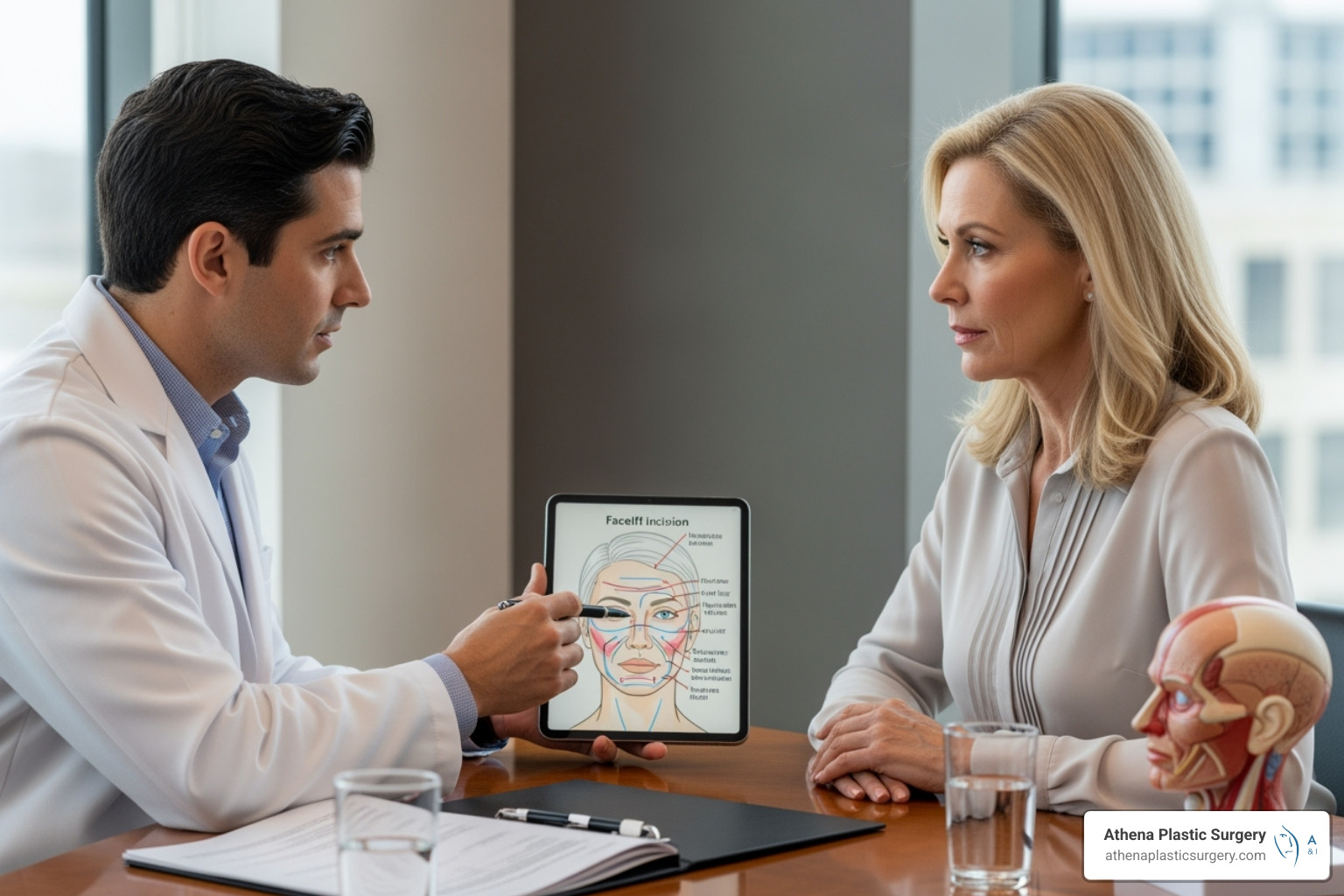 A plastic surgeon discussing facelift options and patient suitability with a patient during a consultation - facelift for sagging jowls A plastic surgeon discussing facelift options and patient suitability with a patient during a consultation - facelift for sagging jowls