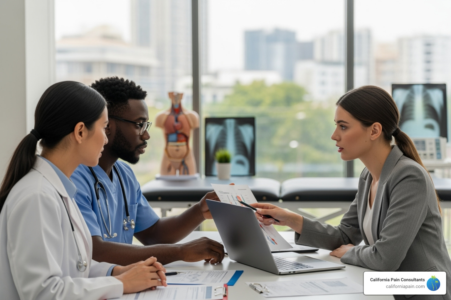 Healthcare team (doctor, physical therapist, psychologist) collaborating - pain specialist for CRPS