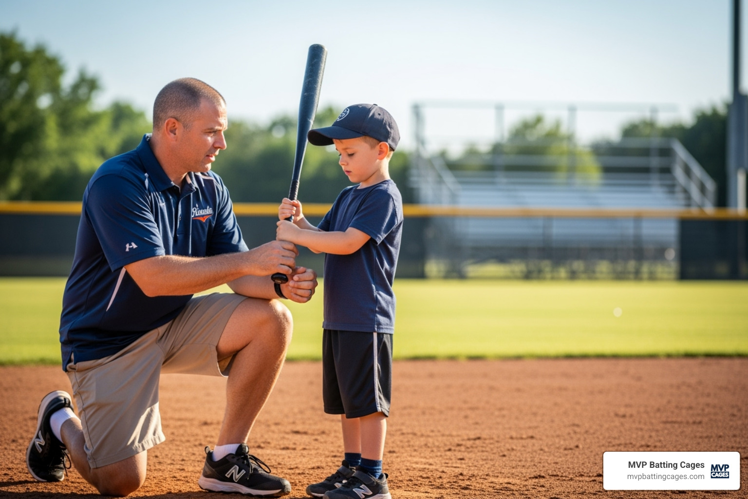 coach showing kids how to hold a baseball bat - baseball camp for beginners