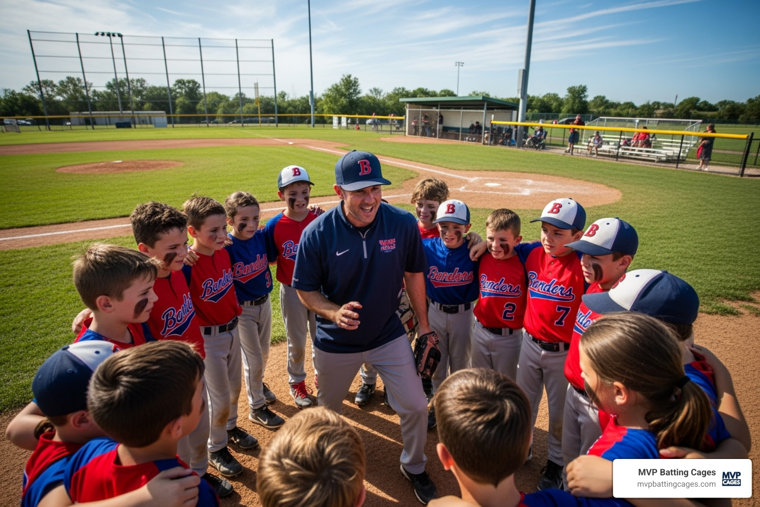 youth baseball team huddling with their coach - baseball camp for beginners