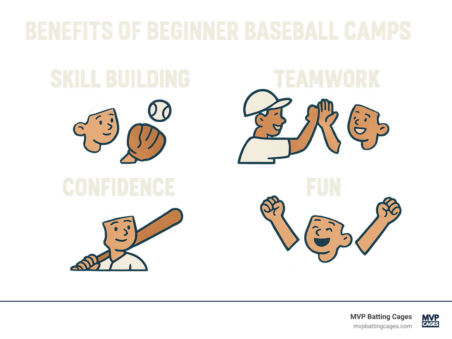 Infographic showing the four key benefits of beginner baseball camps: Skill Building, Teamwork, Confidence, and Fun - baseball camp for beginners infographic 