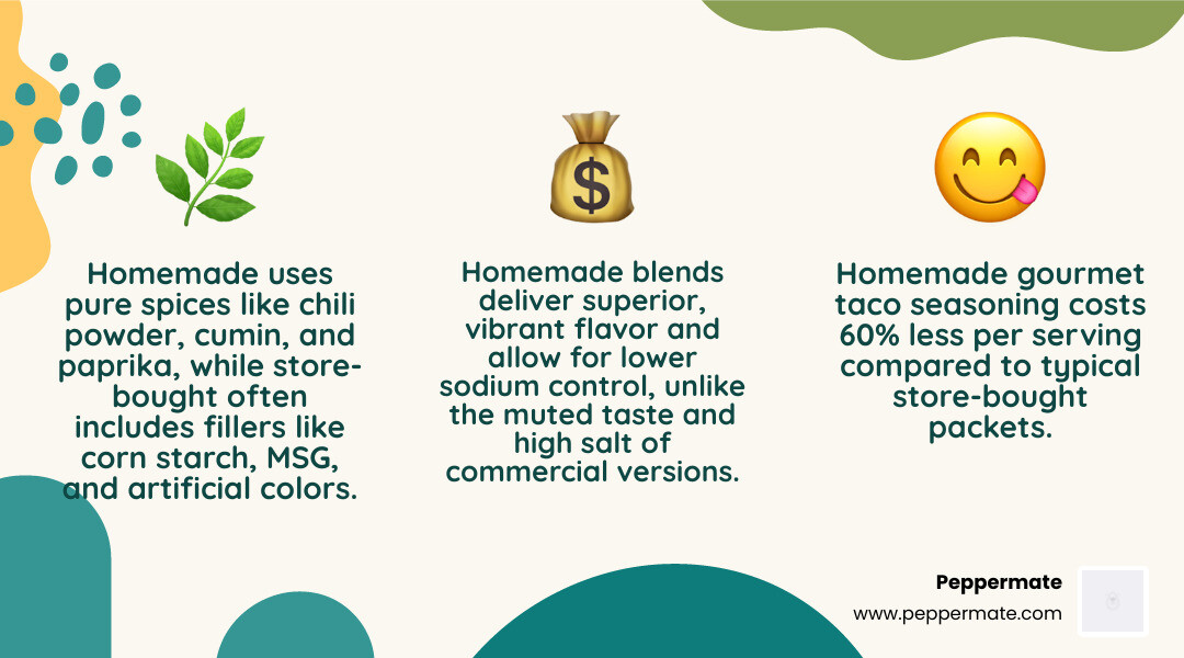 Infographic showing comparison between homemade gourmet taco seasoning ingredients (chili powder, cumin, paprika, garlic powder, oregano) versus store-bought packet ingredients (corn starch, maltodextrin, silicon dioxide, MSG, artificial colors) with cost comparison showing homemade costs 60% less per serving - gourmet taco seasoning infographic 3_facts_emoji_nature