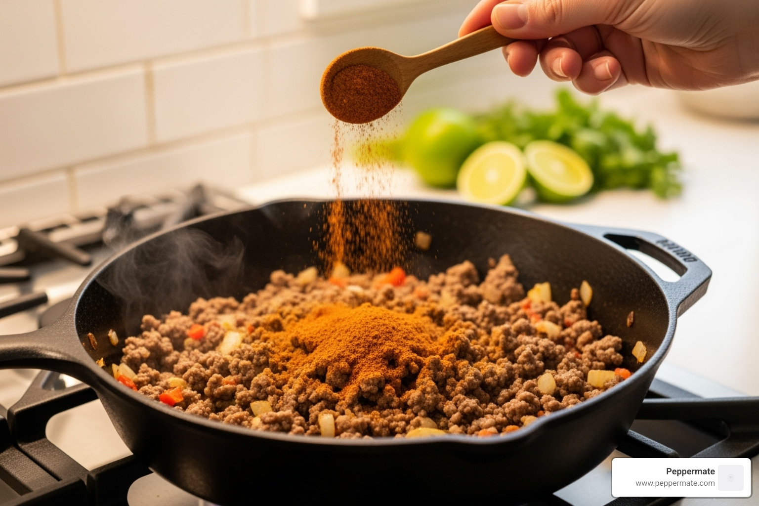 homemade taco seasoning being sprinkled over ground beef in a skillet - gourmet taco seasoning