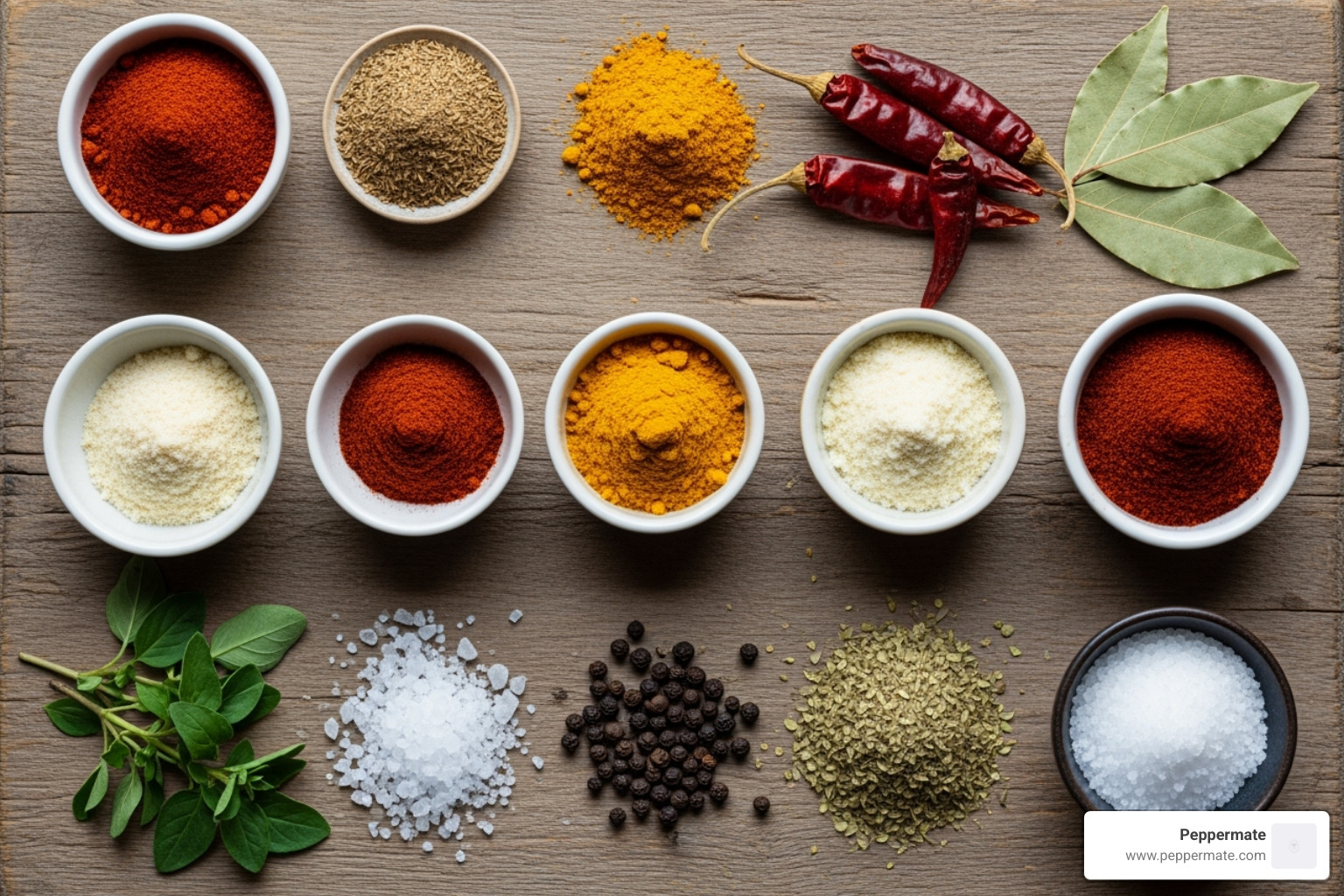 essential spices for taco seasoning laid out on a wooden board - gourmet taco seasoning