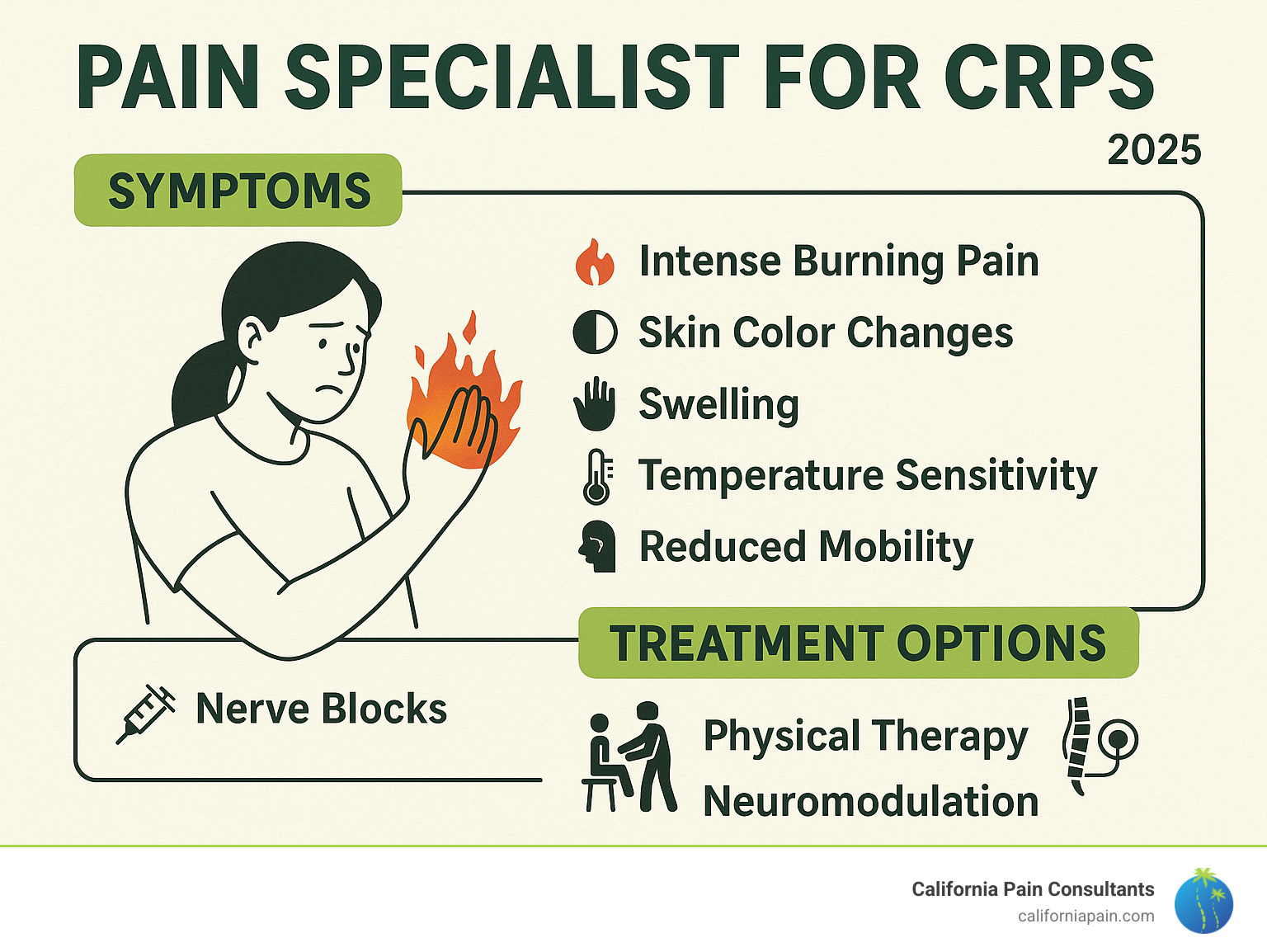 Infographic showing CRPS symptoms including intense burning pain, skin color changes, swelling, temperature sensitivity, and reduced mobility, along with treatment options like nerve blocks, physical therapy, and neuromodulation - pain specialist for CRPS infographic 