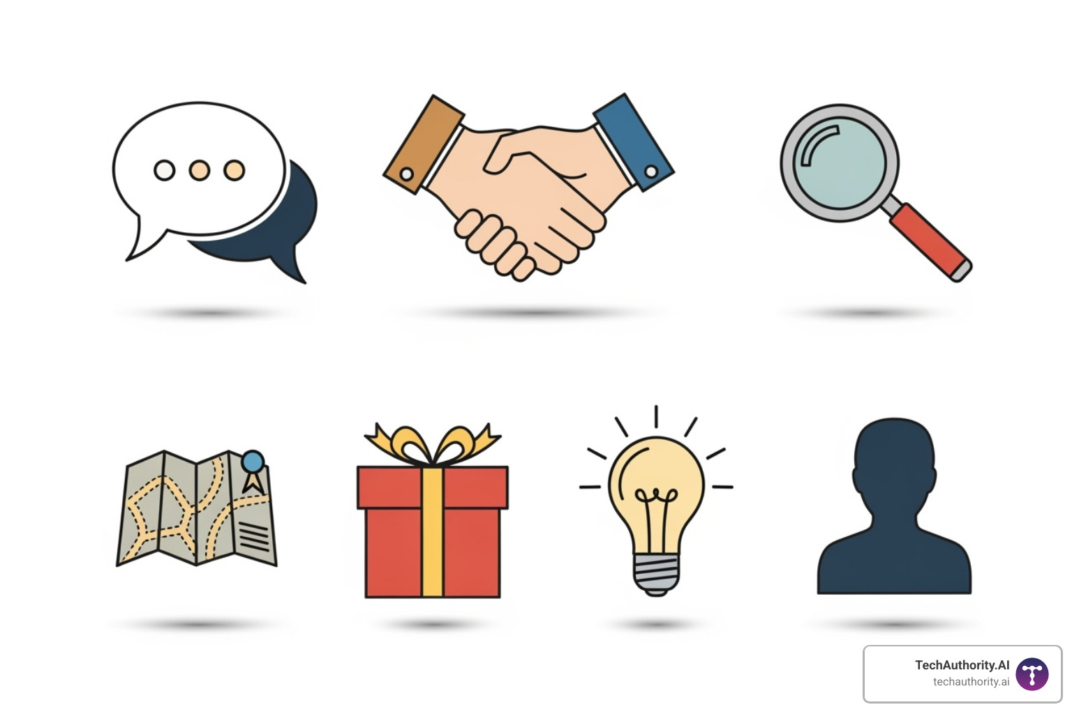 Seven icons representing key client management principles: speech bubble for communication, handshake for trust, magnifying glass for understanding, roadmap for expectations, gift for value, lightbulb for problem-solving, and a person for personalization - client management