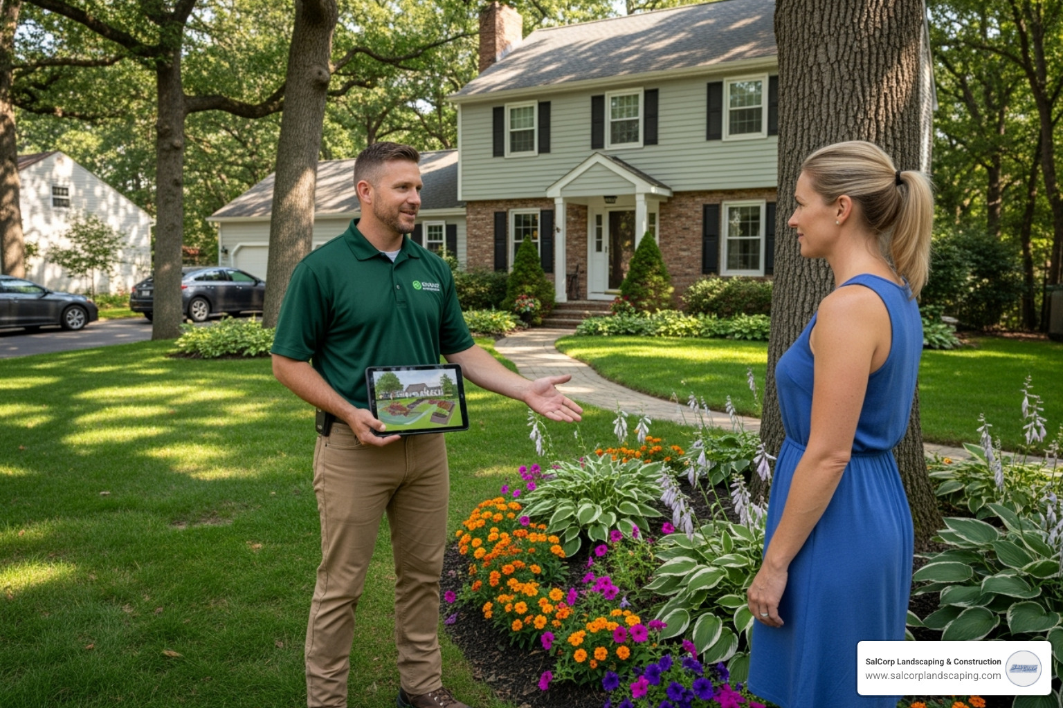 Landscaper providing a quote to a homeowner - mulching and edging near me