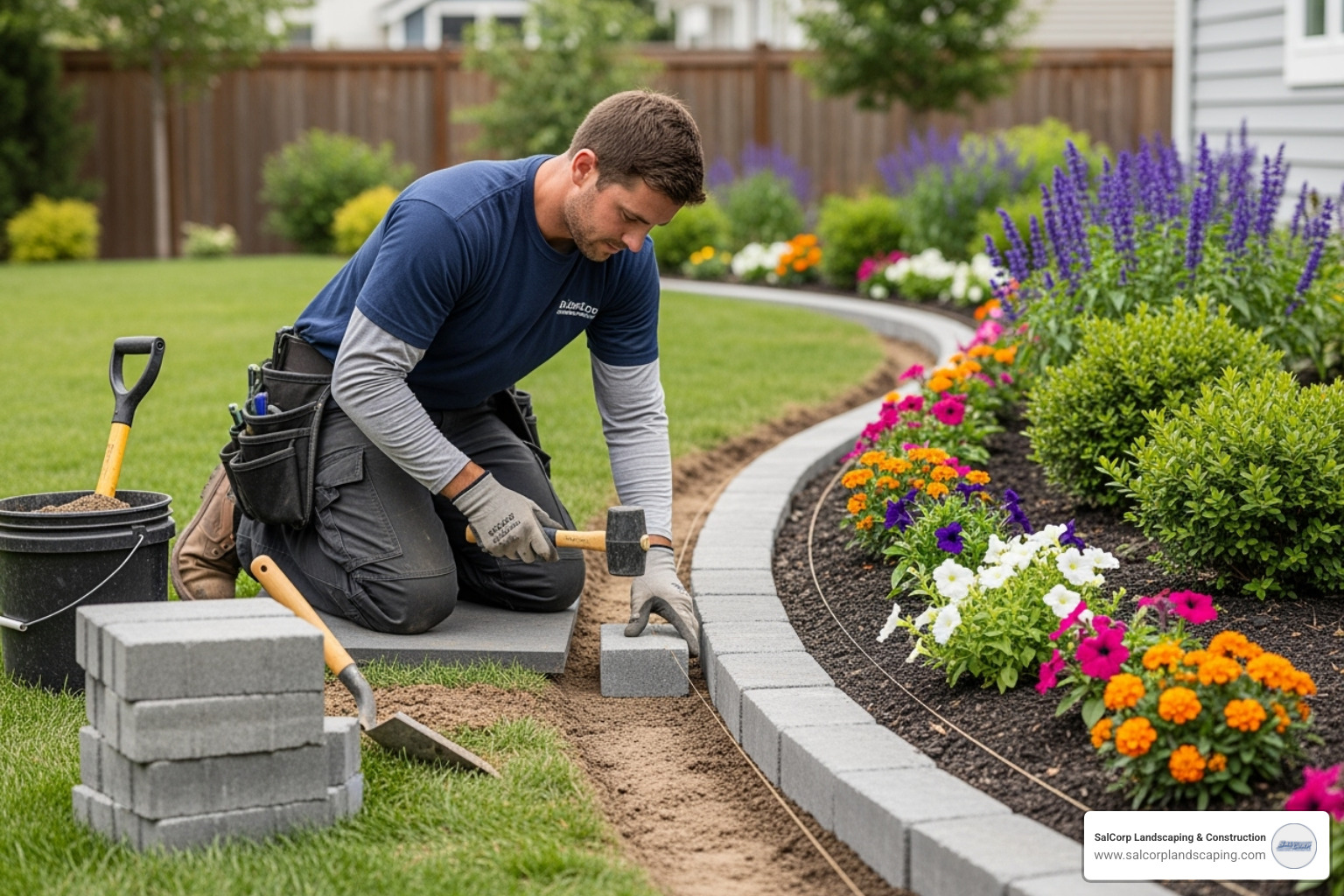 Professional landscaper installing paver edging - mulching and edging near me