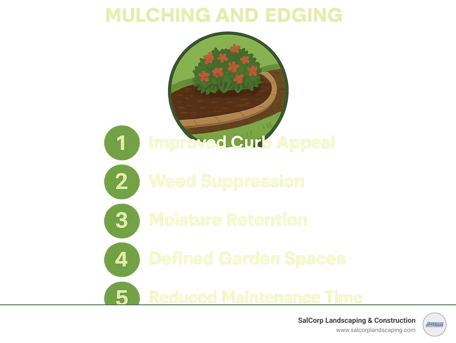 Infographic showing the top 5 benefits of professional mulching and edging: improved curb appeal, weed suppression, moisture retention, defined garden spaces, and reduced maintenance time - mulching and edging near me infographic 