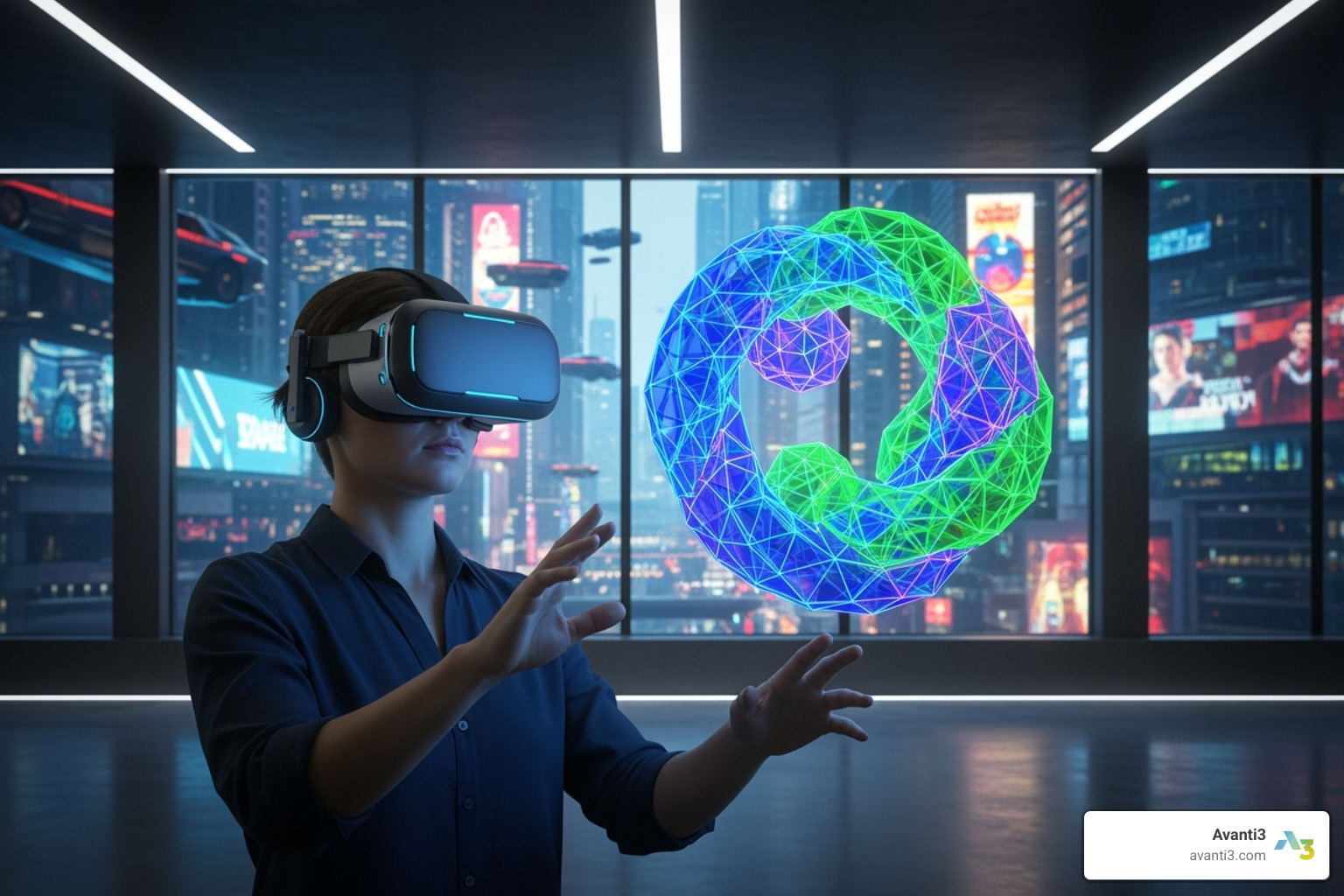 person using VR headset with 3D sculpture - online art museum