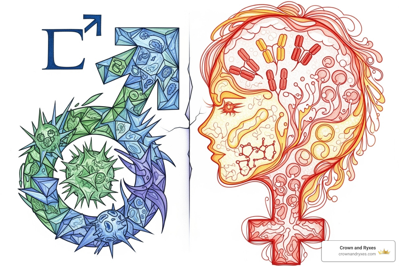 Split graphic showing male and female symbols with different immune response icons - Sexual Wellness Mens Specific CTRP