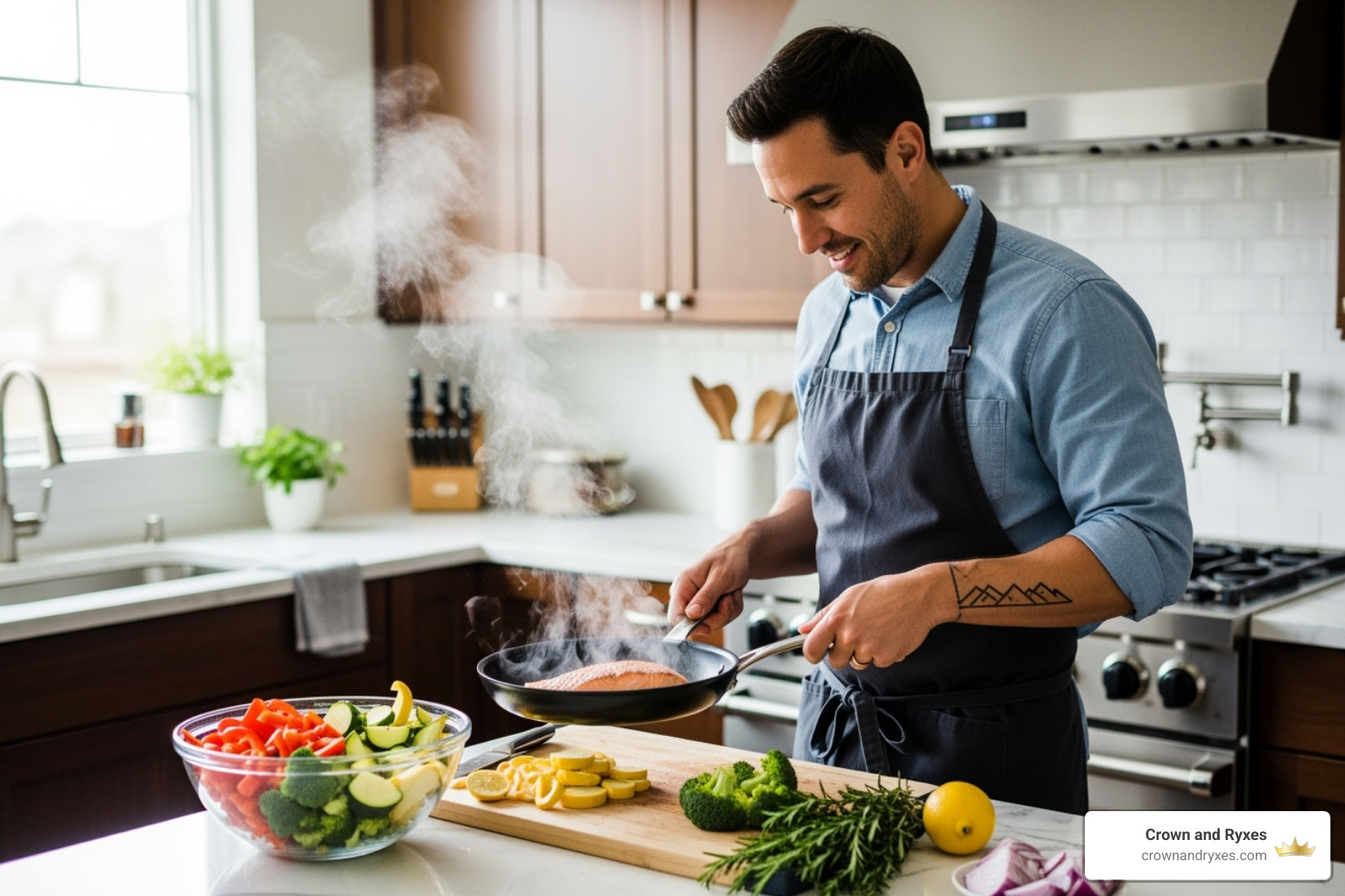 Man cooking a healthy meal with fresh vegetables and fish - Sexual Wellness Mens Specific CTRP