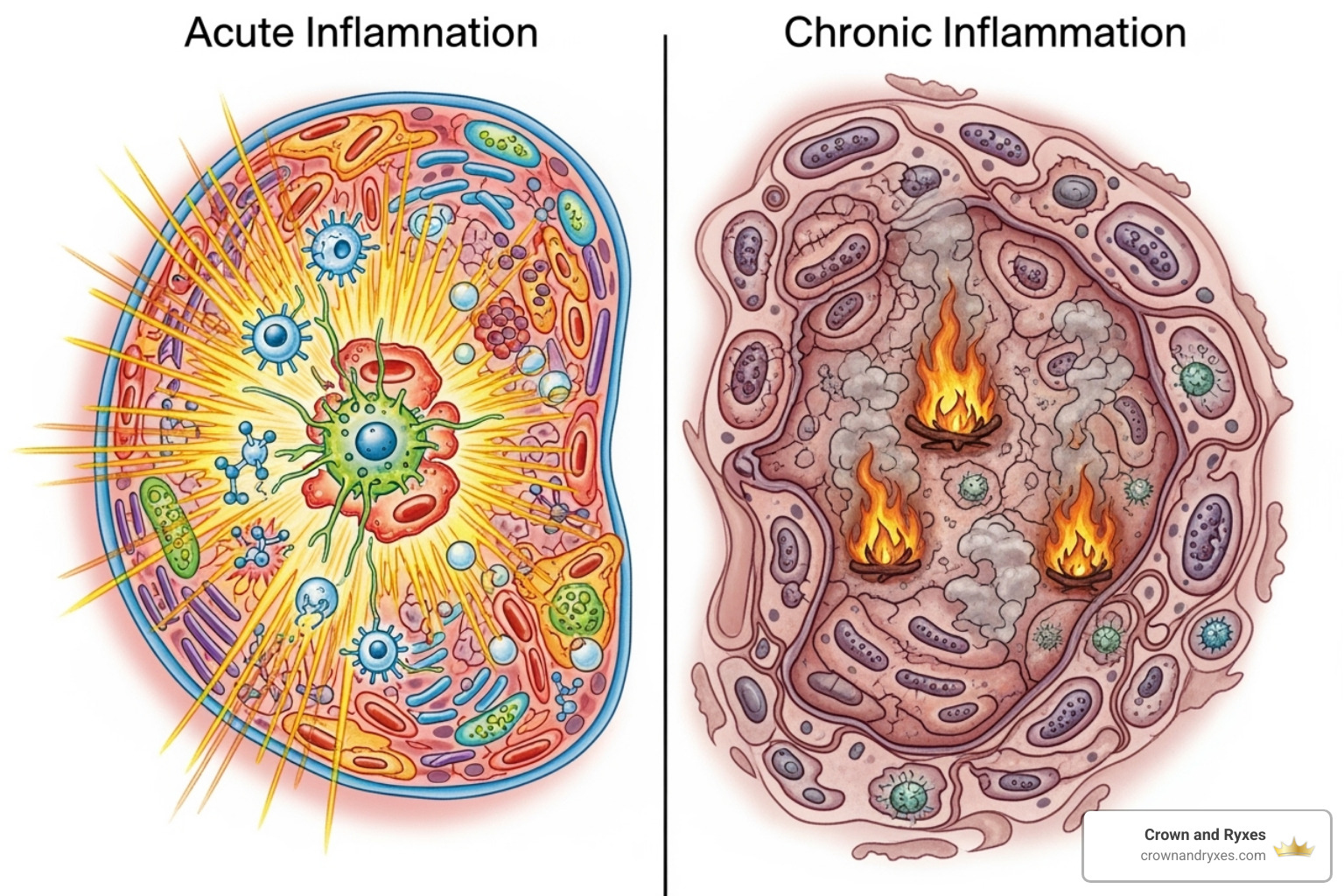 Diagram showing the difference between acute (helpful) and chronic (harmful) inflammation - Sexual Wellness Mens Specific CTRP