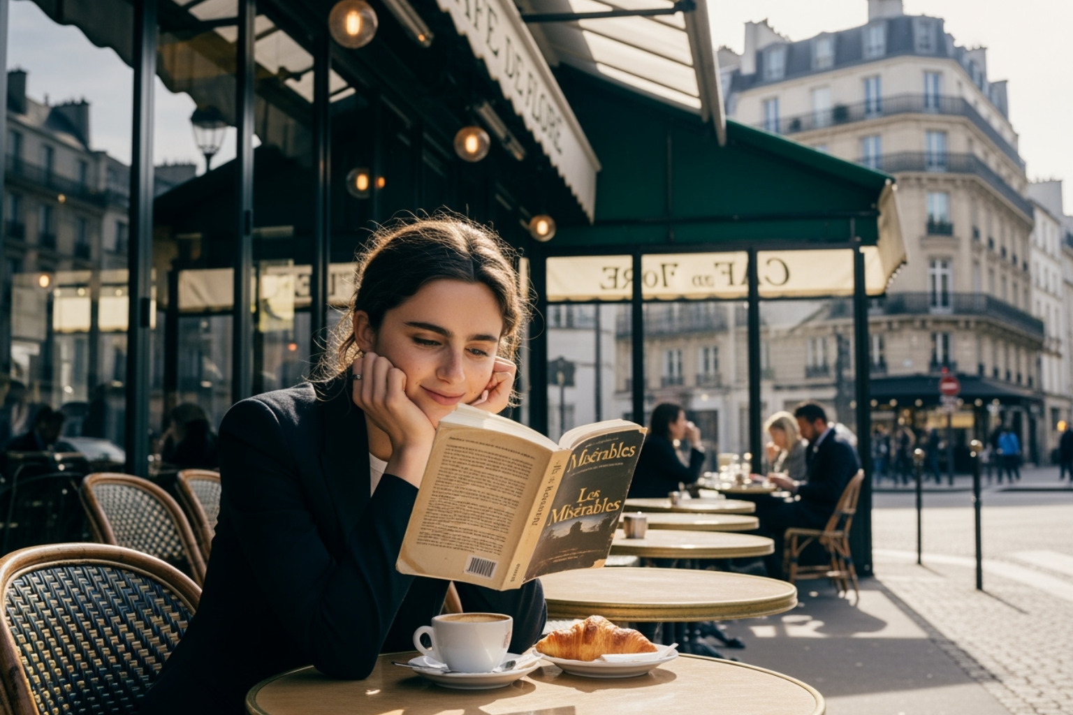 Pauline Chalamet enjoying a book in a Parisian café. -  pauline chalamet