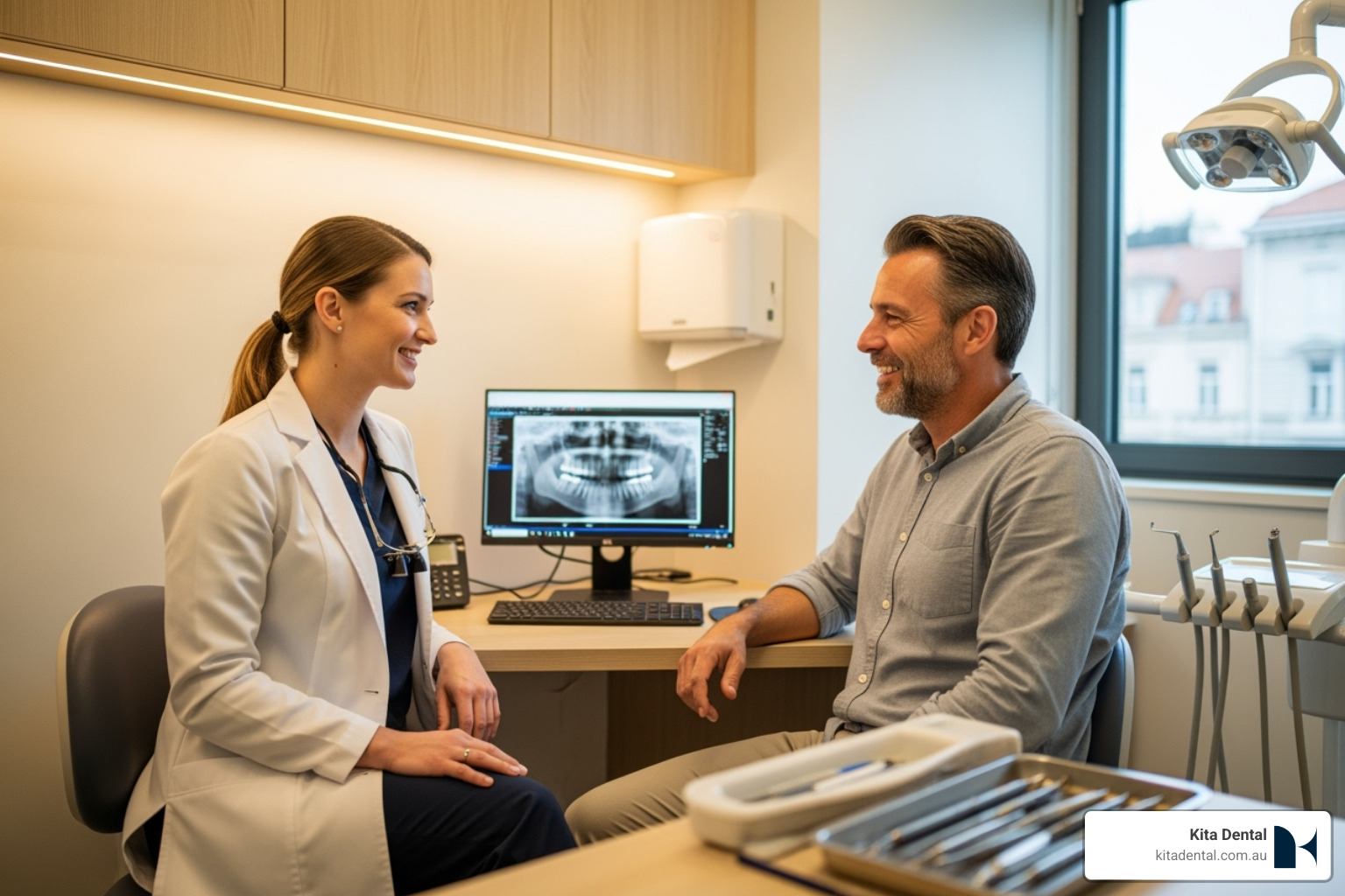 dentist and patient having a comfortable consultation - laser deep cleaning teeth near me dentist and patient having a comfortable consultation - laser deep cleaning teeth near me
