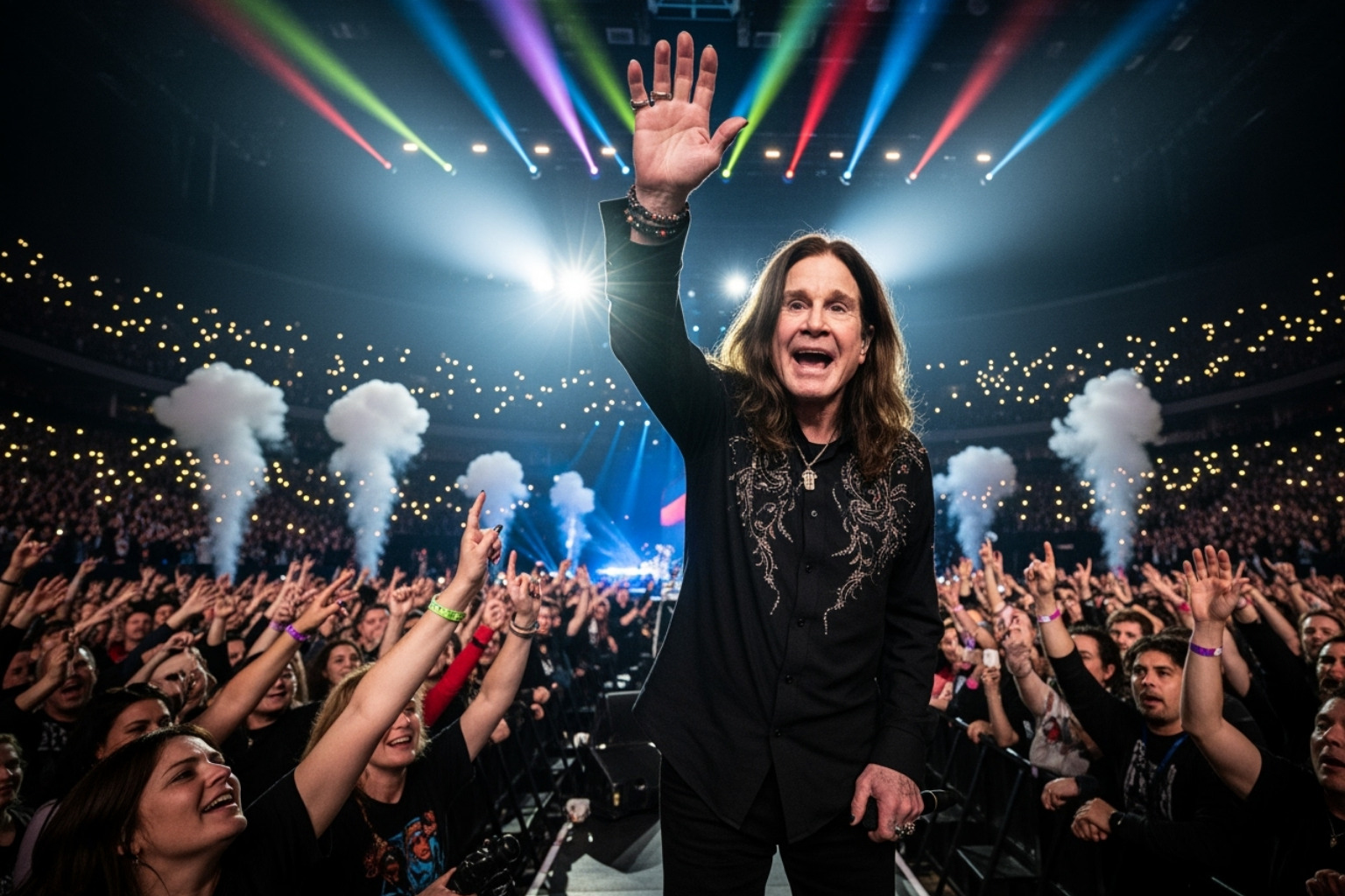 Ozzy Osbourne waving to a crowd - how old is ozzy osbourne