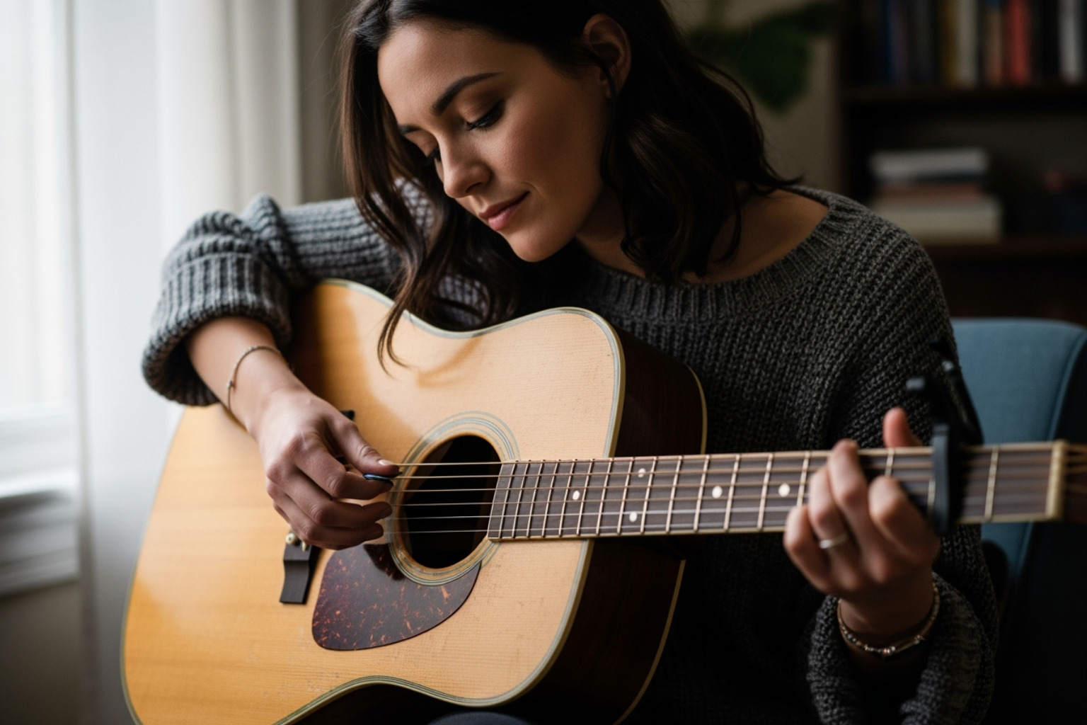 Ashley Johnson playing a guitar or in a candid, artistic photo - ashley johnson