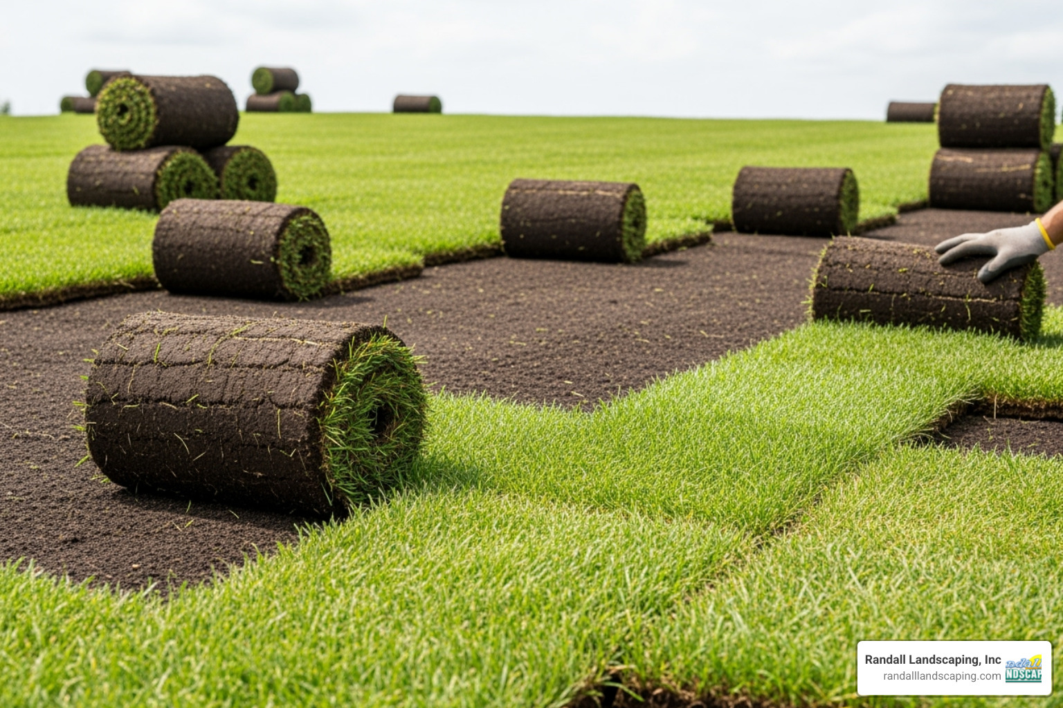 Sod rolls being laid in a staggered, brick-like pattern - Lawn Installations