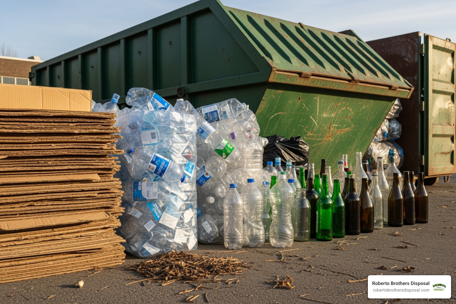 sorted recyclable materials next to a dumpster - dumpster companies