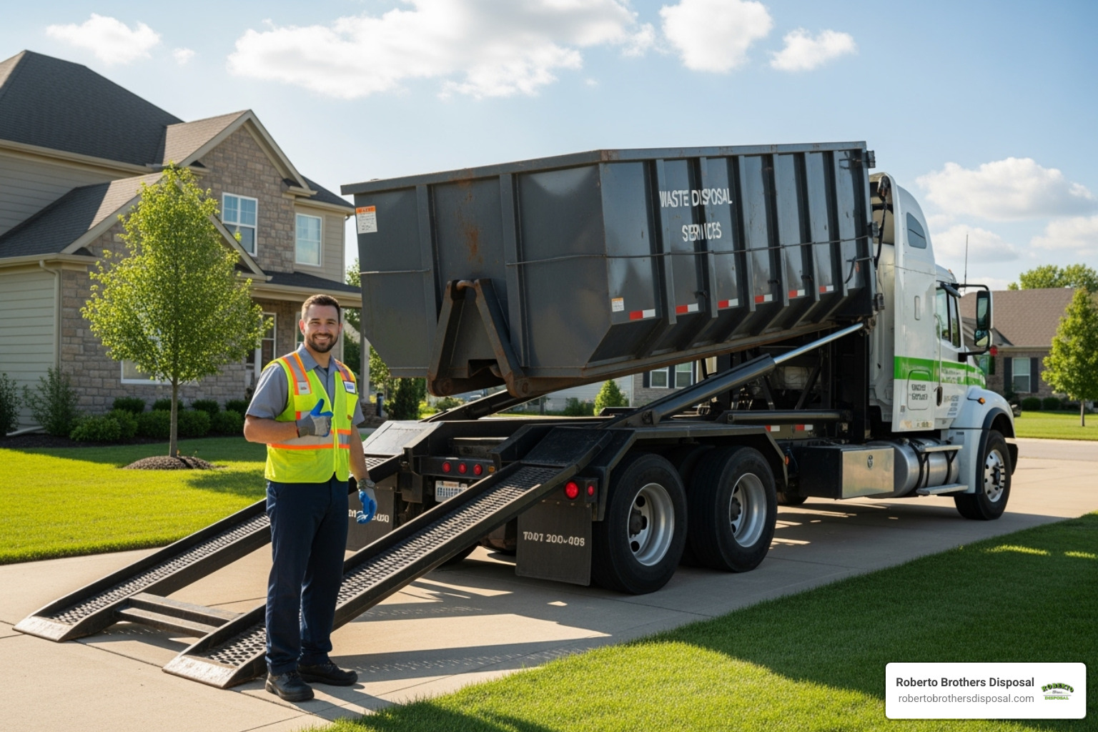 friendly driver delivering a dumpster safely - dumpster companies