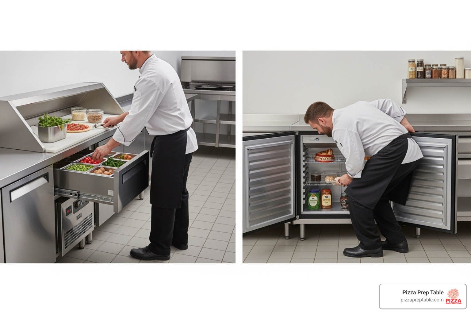 chef easily pulling out a drawer to access ingredients, contrasting with a chef bending down to look inside a cabinet - pizza prep table drawers chef easily pulling out a drawer to access ingredients, contrasting with a chef bending down to look inside a cabinet - pizza prep table drawers