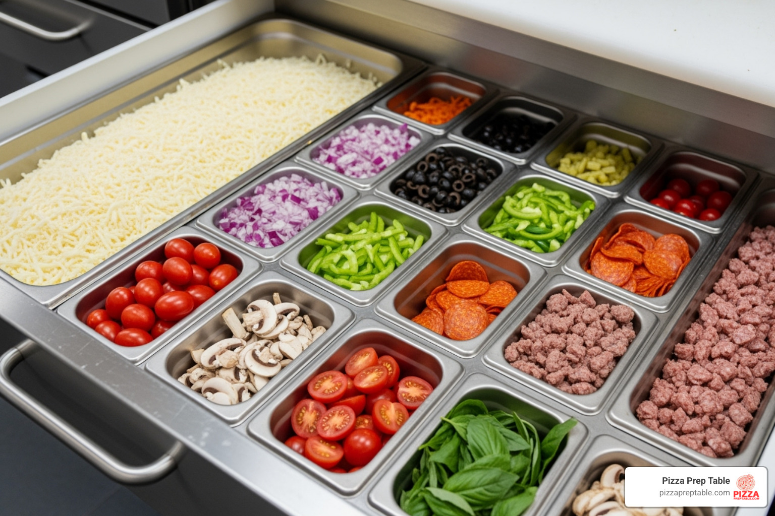 different pan sizes (full, 1/3, 1/6) arranged inside a pizza prep table drawer - pizza prep table drawers different pan sizes (full, 1/3, 1/6) arranged inside a pizza prep table drawer - pizza prep table drawers