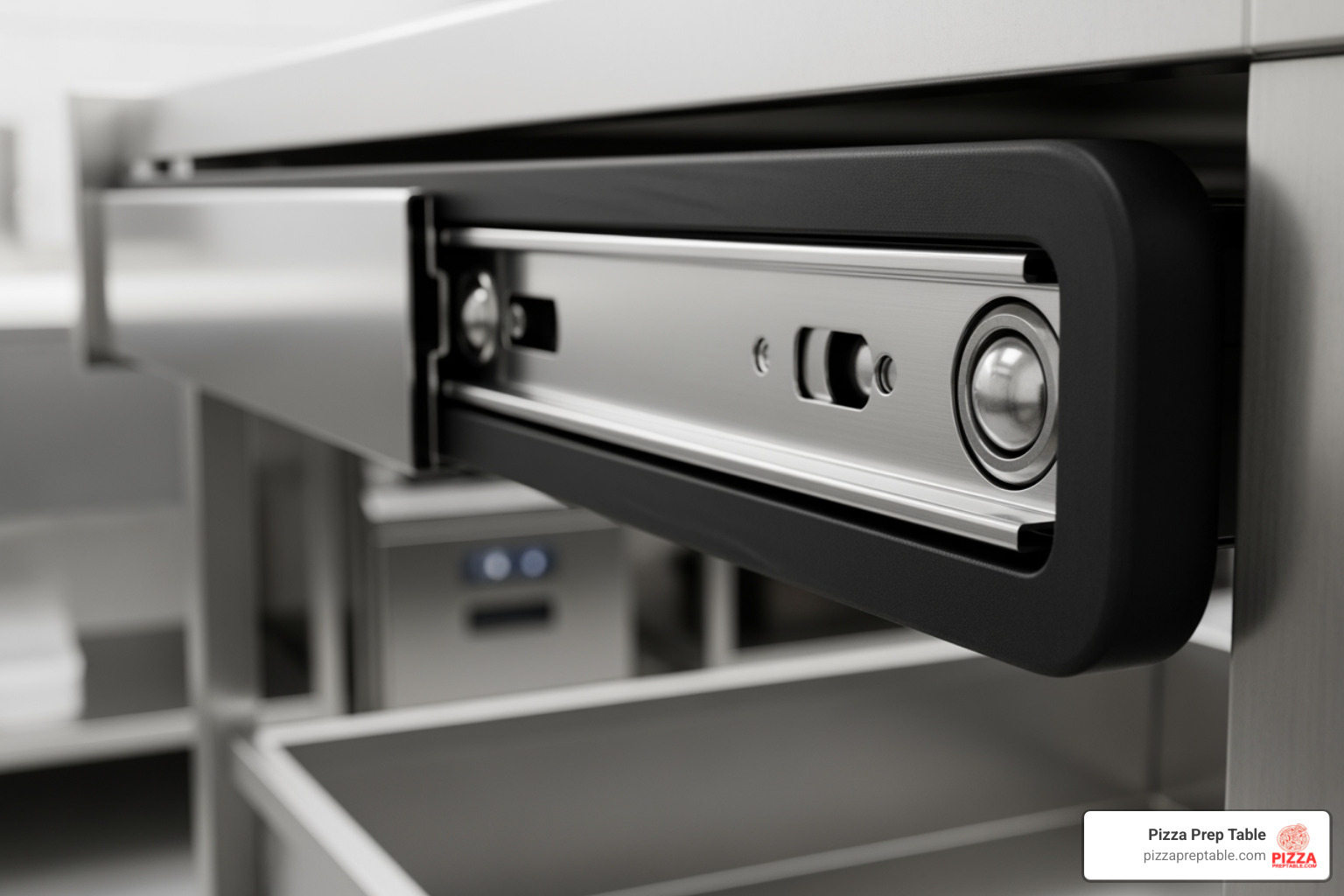 close-up shot of a stainless steel drawer slide and a durable gasket - pizza prep table drawers close-up shot of a stainless steel drawer slide and a durable gasket - pizza prep table drawers