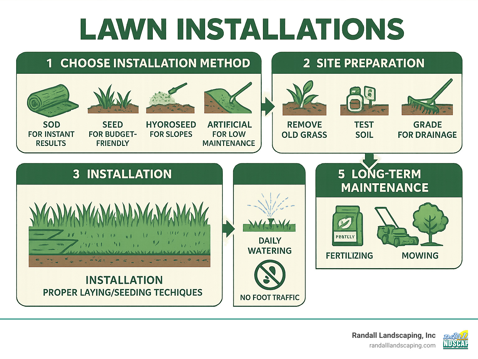 Infographic showing the complete lawn installation process: Step 1 - Choose installation method (Sod for instant results, Seed for budget-friendly, Hydroseed for slopes, Artificial for low maintenance), Step 2 - Site preparation (remove old grass, test soil, grade for drainage), Step 3 - Installation (proper laying/seeding techniques), Step 4 - Initial care (daily watering, no foot traffic), Step 5 - Long-term maintenance (fertilizing, mowing, seasonal care) - Lawn Installations infographic 