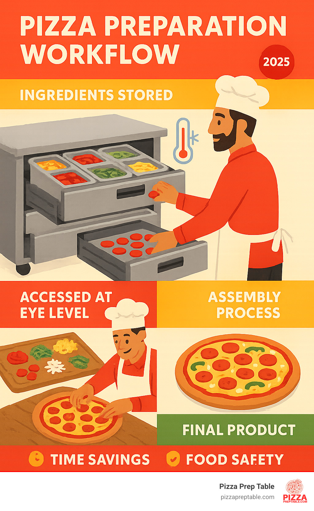 Detailed infographic showing pizza preparation workflow: ingredients stored in refrigerated drawers at proper temperatures, chef accessing organized pans at eye level, assembly process on cutting board surface, and final pizza product - highlighting time savings and food safety benefits - pizza prep table drawers infographic  Detailed infographic showing pizza preparation workflow: ingredients stored in refrigerated drawers at proper temperatures, chef accessing organized pans at eye level, assembly process on cutting board surface, and final pizza product - highlighting time savings and food safety benefits - pizza prep table drawers infographic
