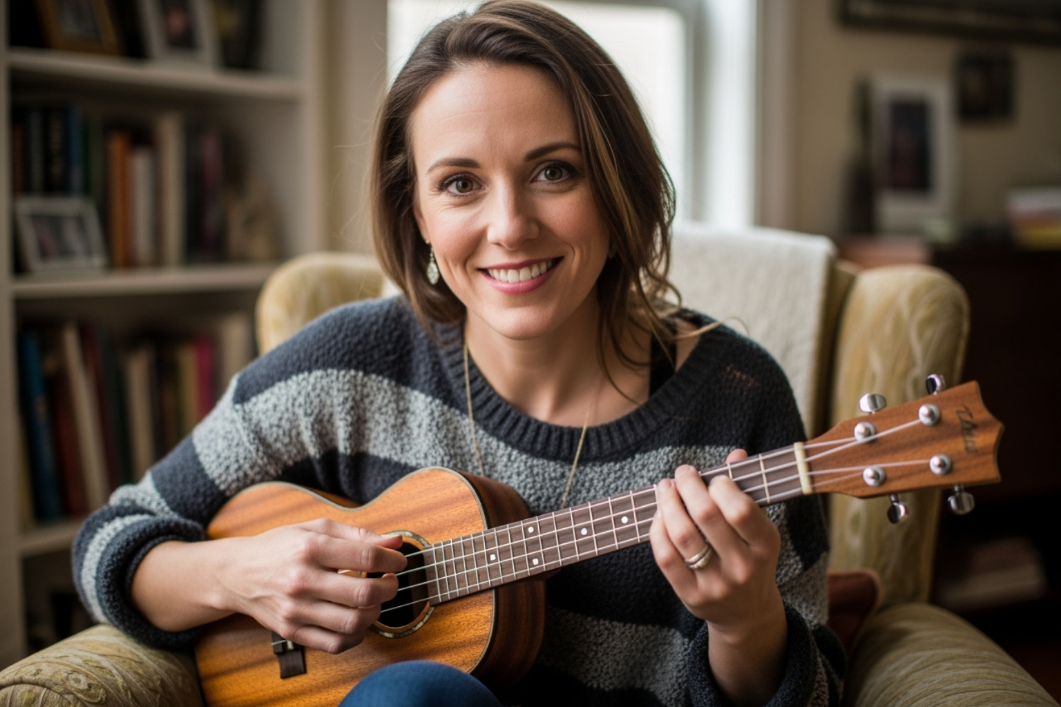 Ashley Johnson holding a ukulele or guitar - ashley johnson
