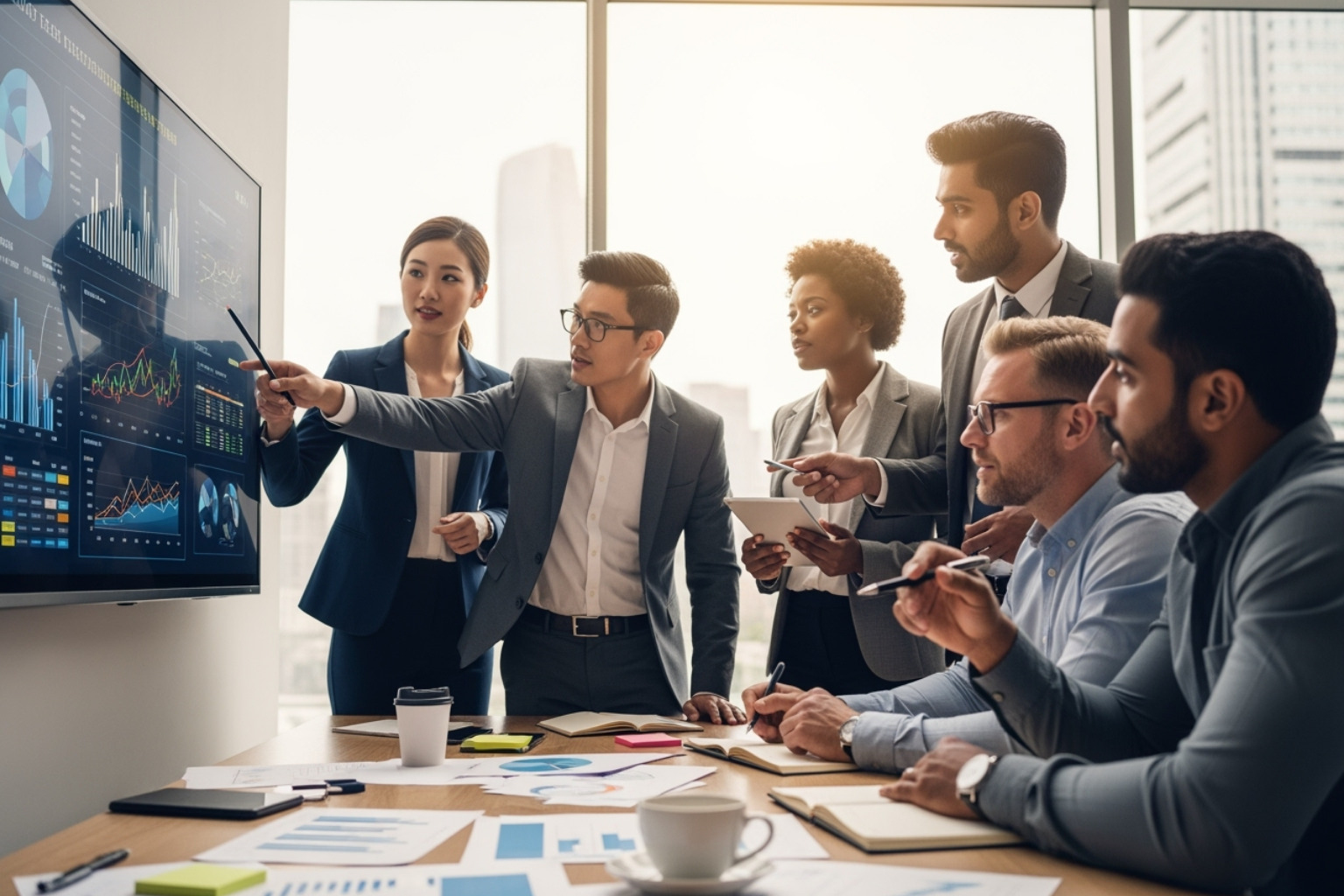 Diverse group of investors collaborating, reviewing charts and discussing financial strategies -  lessinvest.com real estate