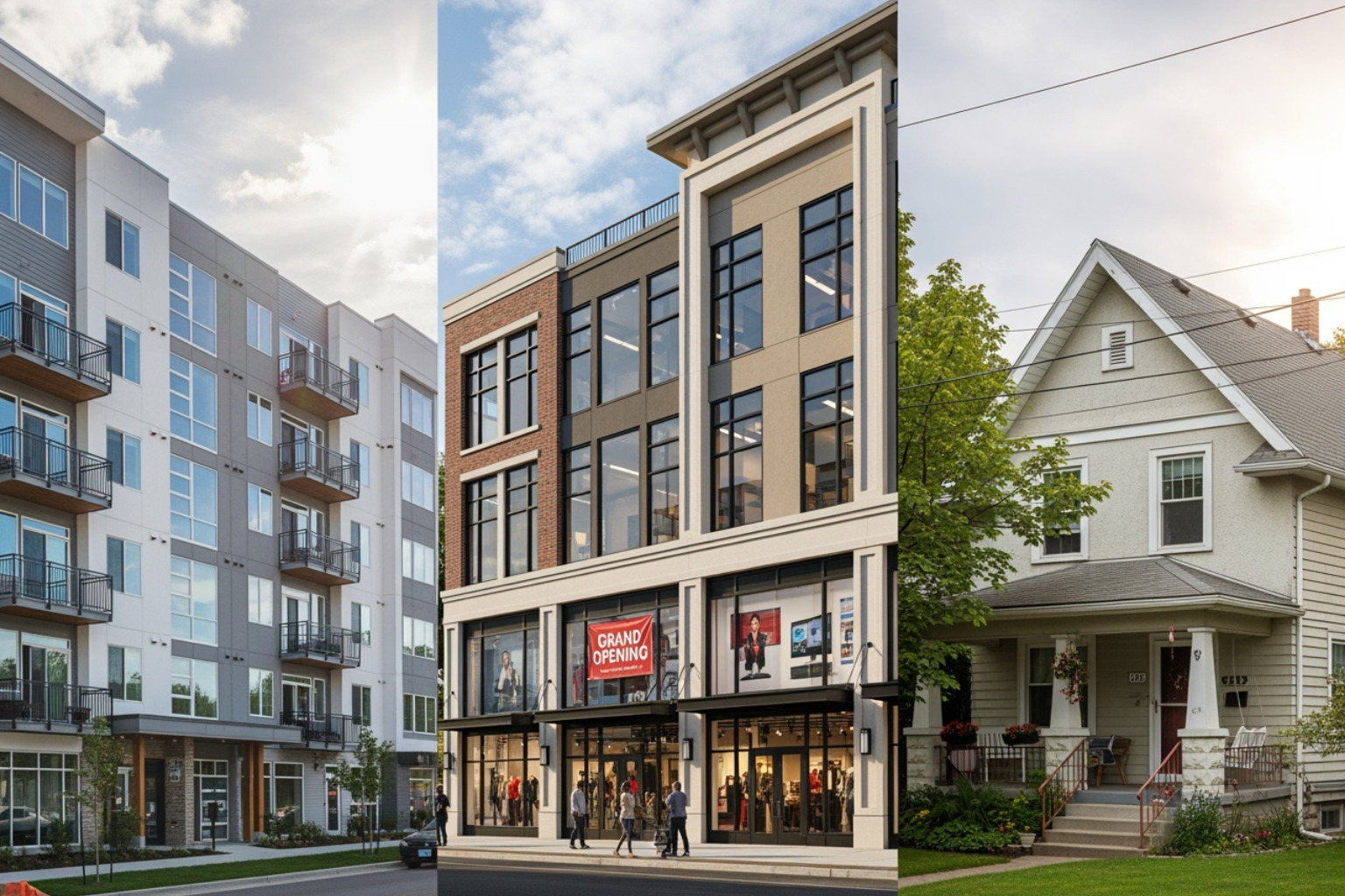Diverse property types available on LessInvest.com, including a modern apartment complex, a busy commercial building, and a cozy single-family home -  lessinvest.com real estate