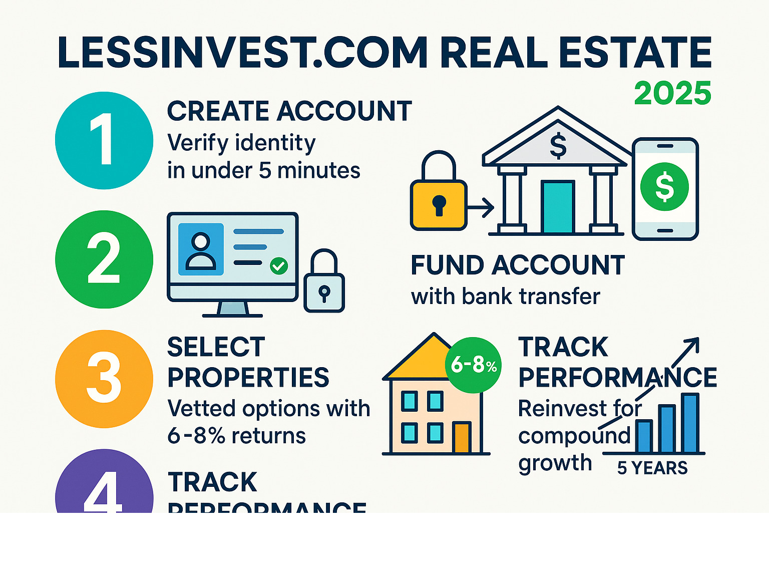 Infographic showing the 4-step LessInvest.com process: 1) Create account and verify identity in under 5 minutes, 2) Fund account with bank transfer, 3) Select from vetted properties with 6-8% expected annual returns, 4) Track performance and reinvest for compound growth over 5-year hold periods -  lessinvest.com real estate infographic 