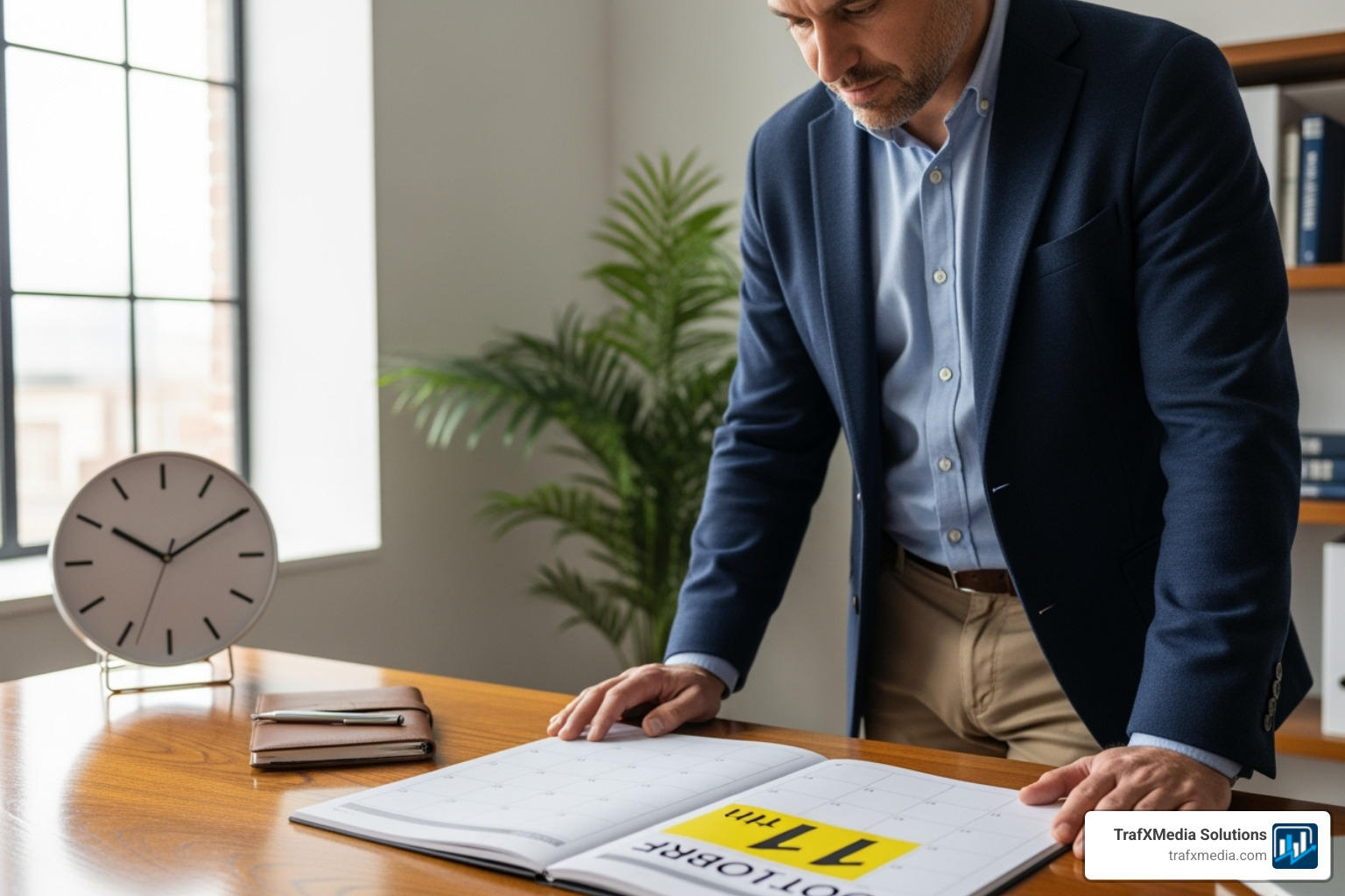 A calendar with one business day highlighted, next to a clock face with hands indicating a short duration. The image features a focused Caucasian man in business casual attire looking at the calendar. - Google ads account review