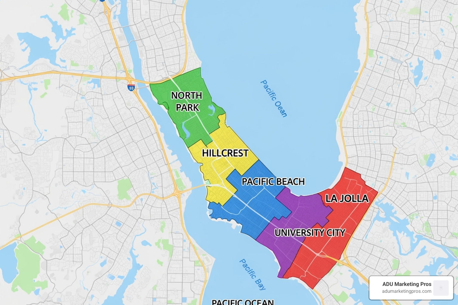 Map of San Diego highlighting popular neighborhoods for ADU rentals like North Park and Pacific Beach - adu rentals san diego